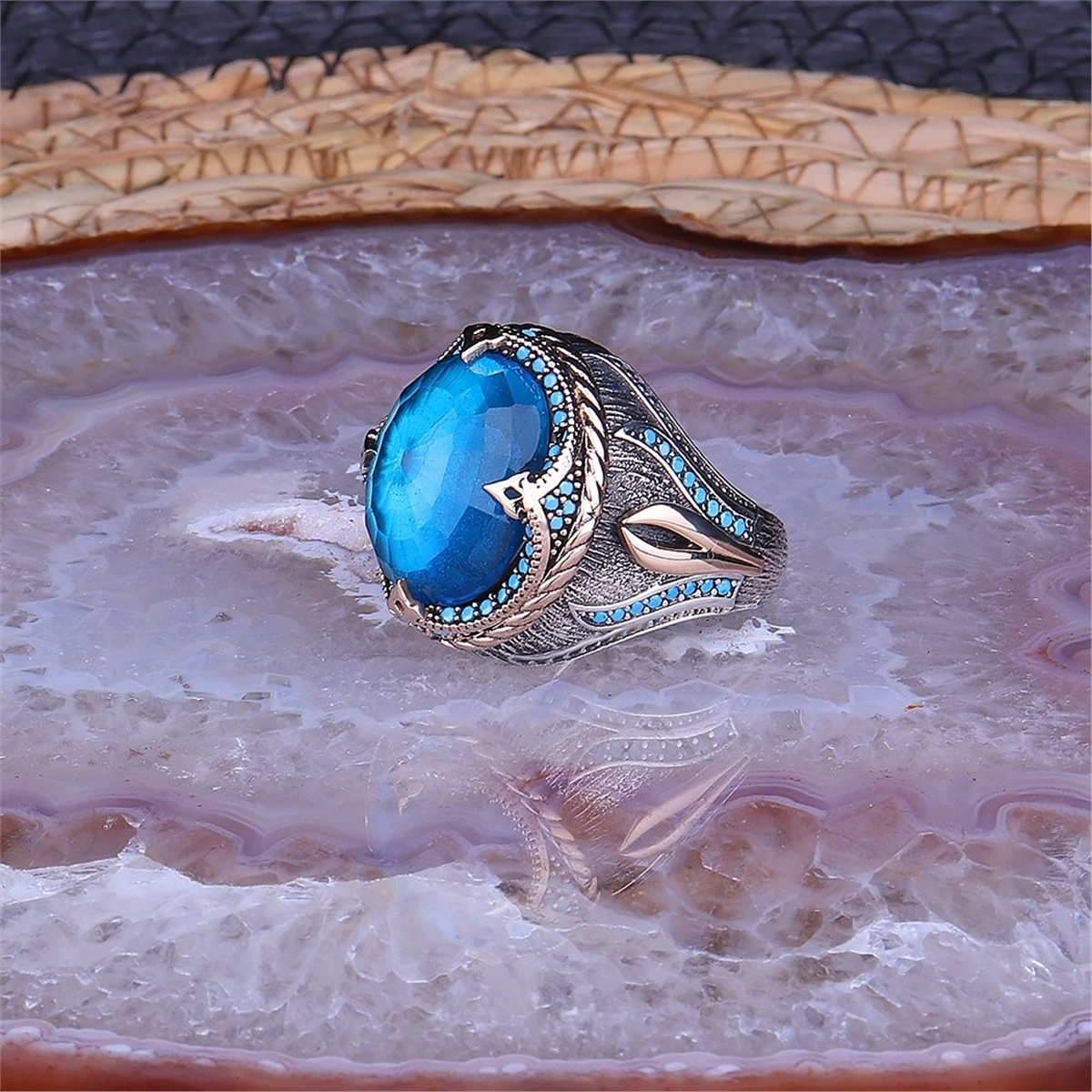 Relief Patterned Blue Topaz Stone 925 Sterling Silver Men's Ring