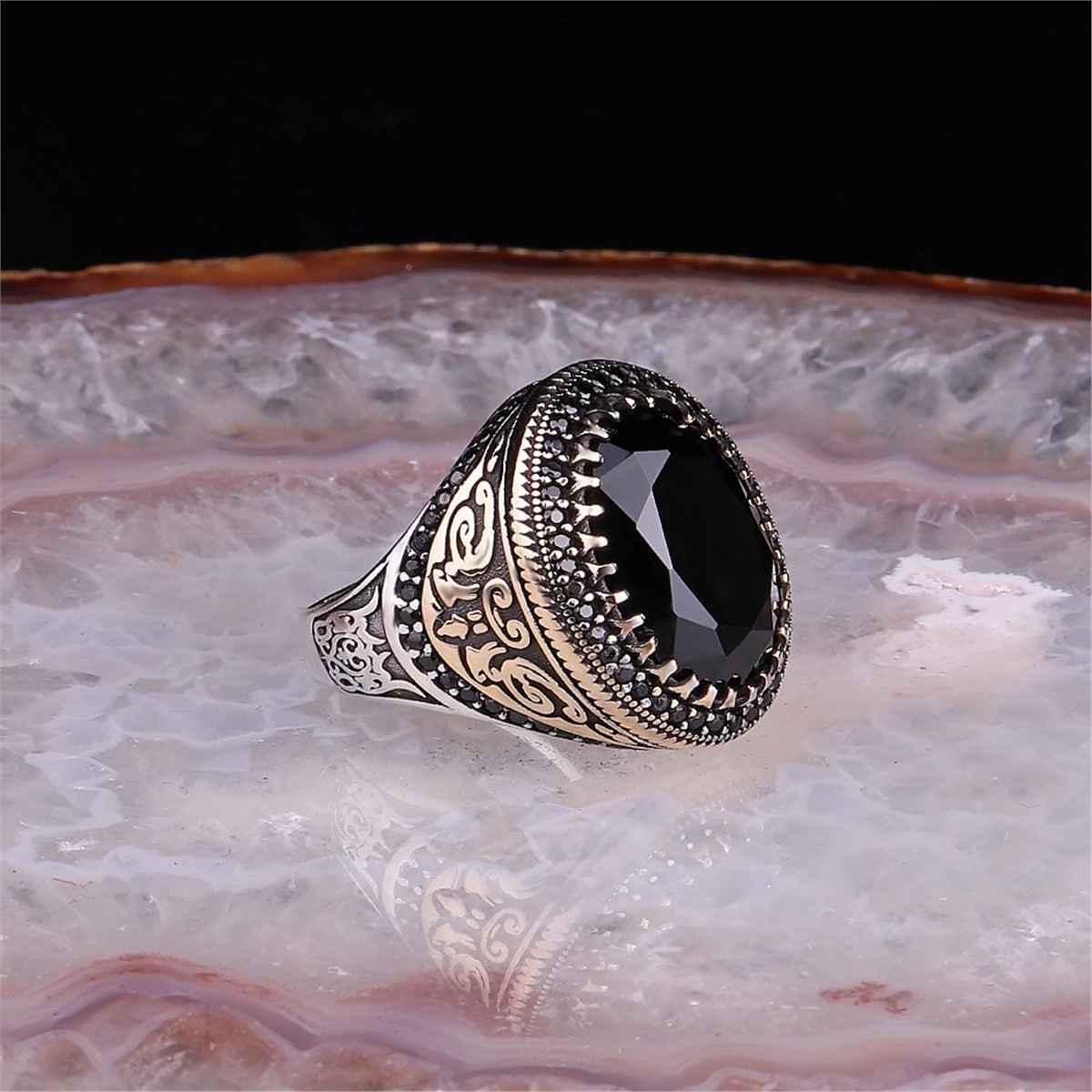 Black Aqua Stone 925 Sterling Silver Men's Ring