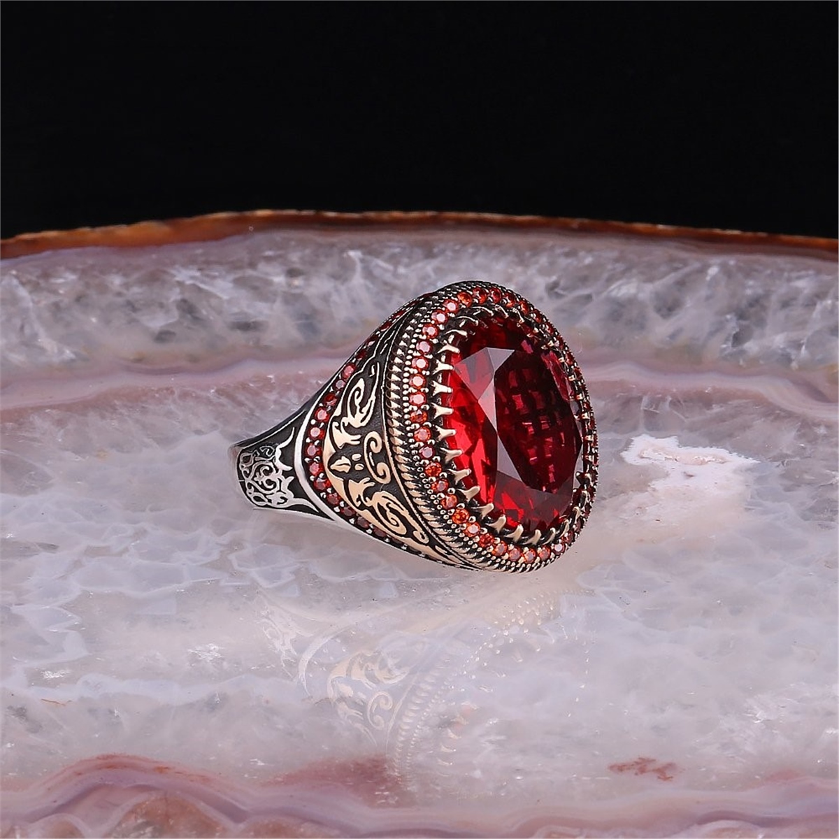 Red Aqua Stone 925 Sterling Silver Men's Ring