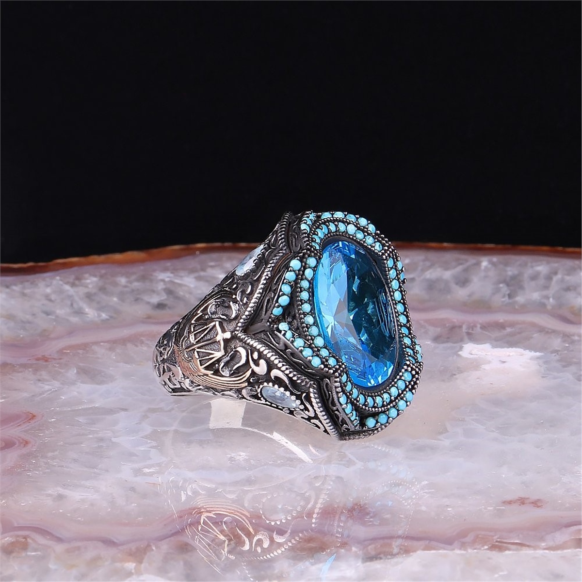 Blue Glass Stone 925 Sterling Silver Men's Ring
