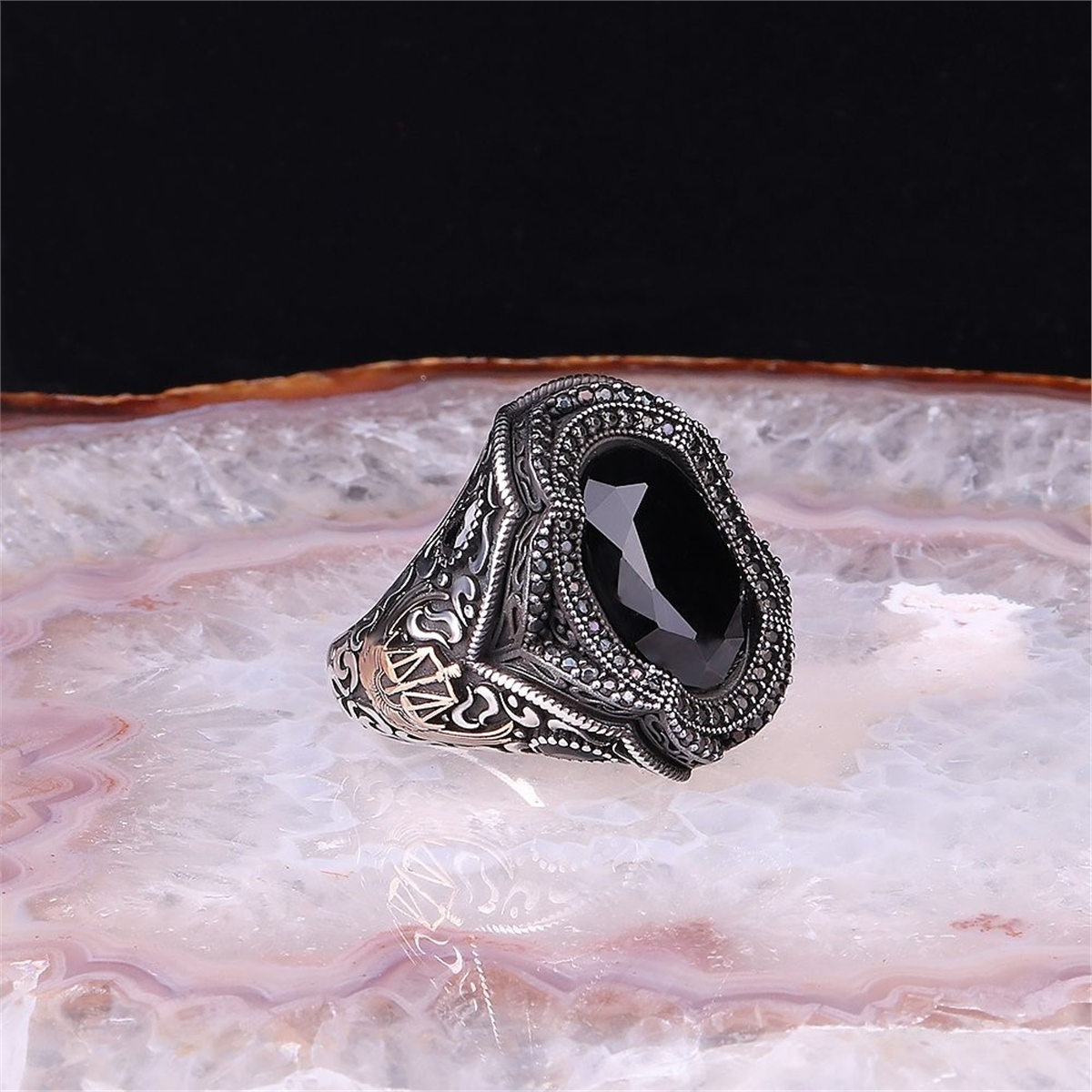 Black Glass Stone 925 Sterling Silver Men's Ring