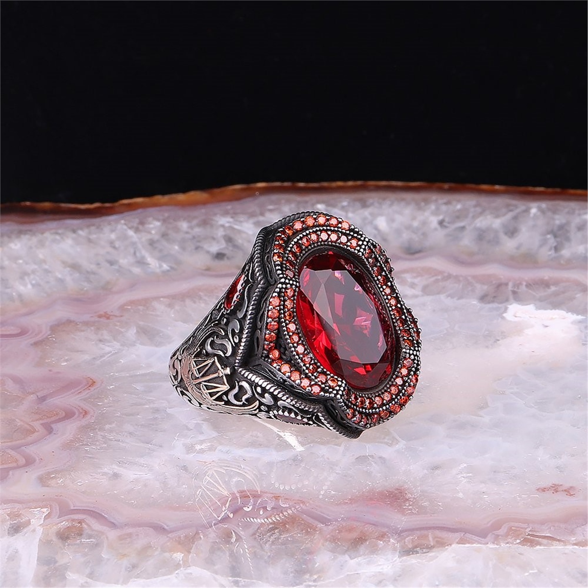 Red Glass Stone 925 Sterling Silver Men's Ring
