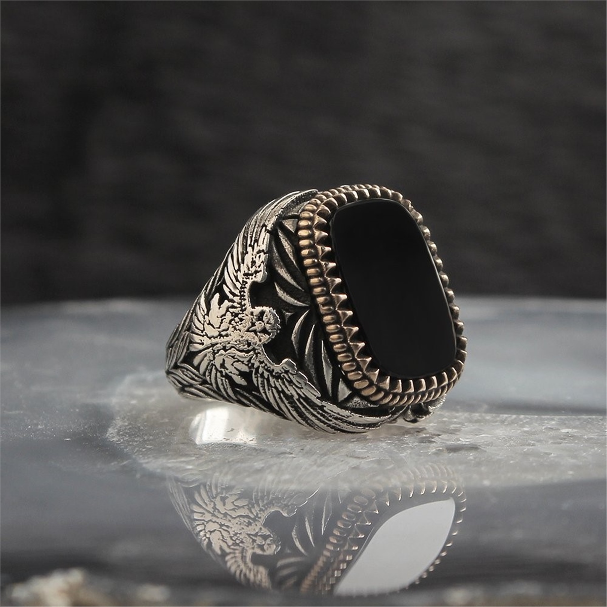 Eagle Symbol Onyx Stone 925 Sterling Silver Men's Ring