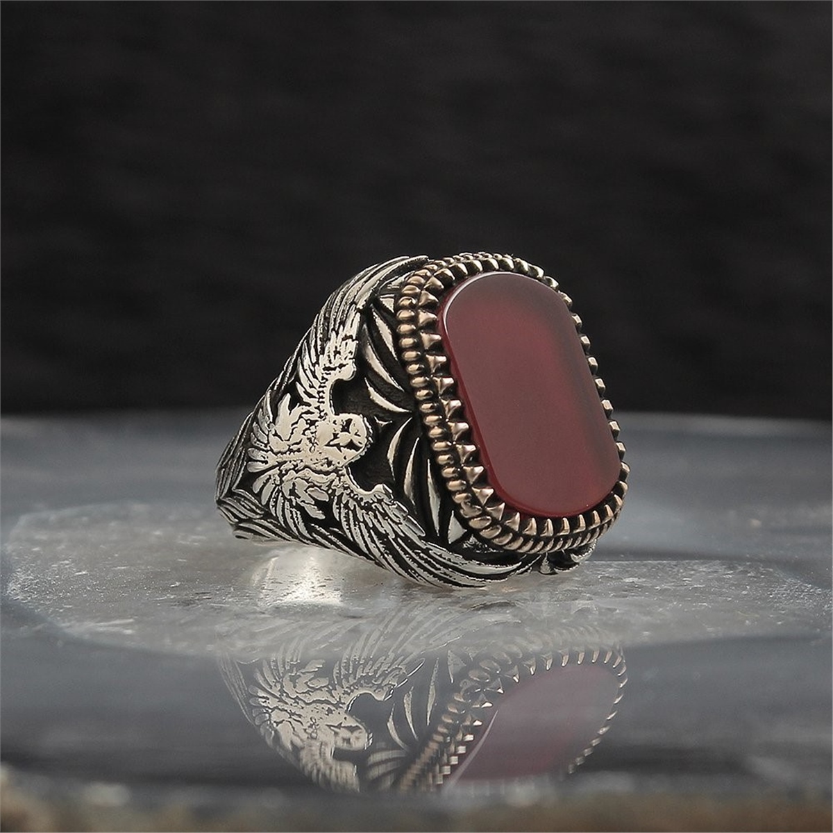 Eagle Symbol Agate Stone 925 Sterling Silver Men's Ring