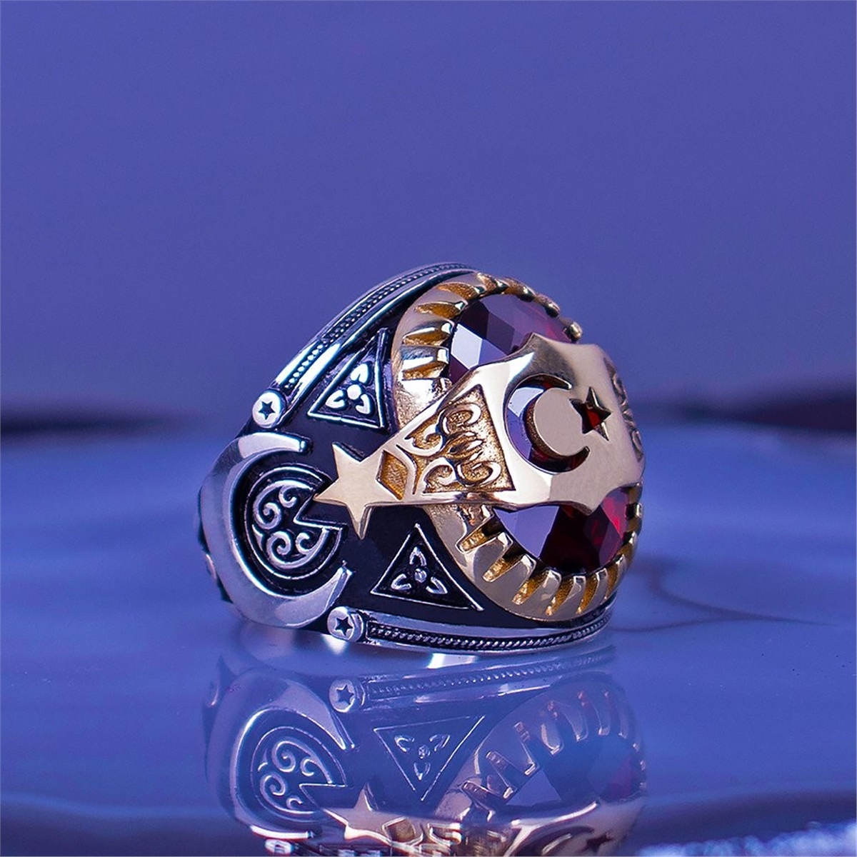 Moon and Star Facet Stone 925 Sterling Silver Men's Ring