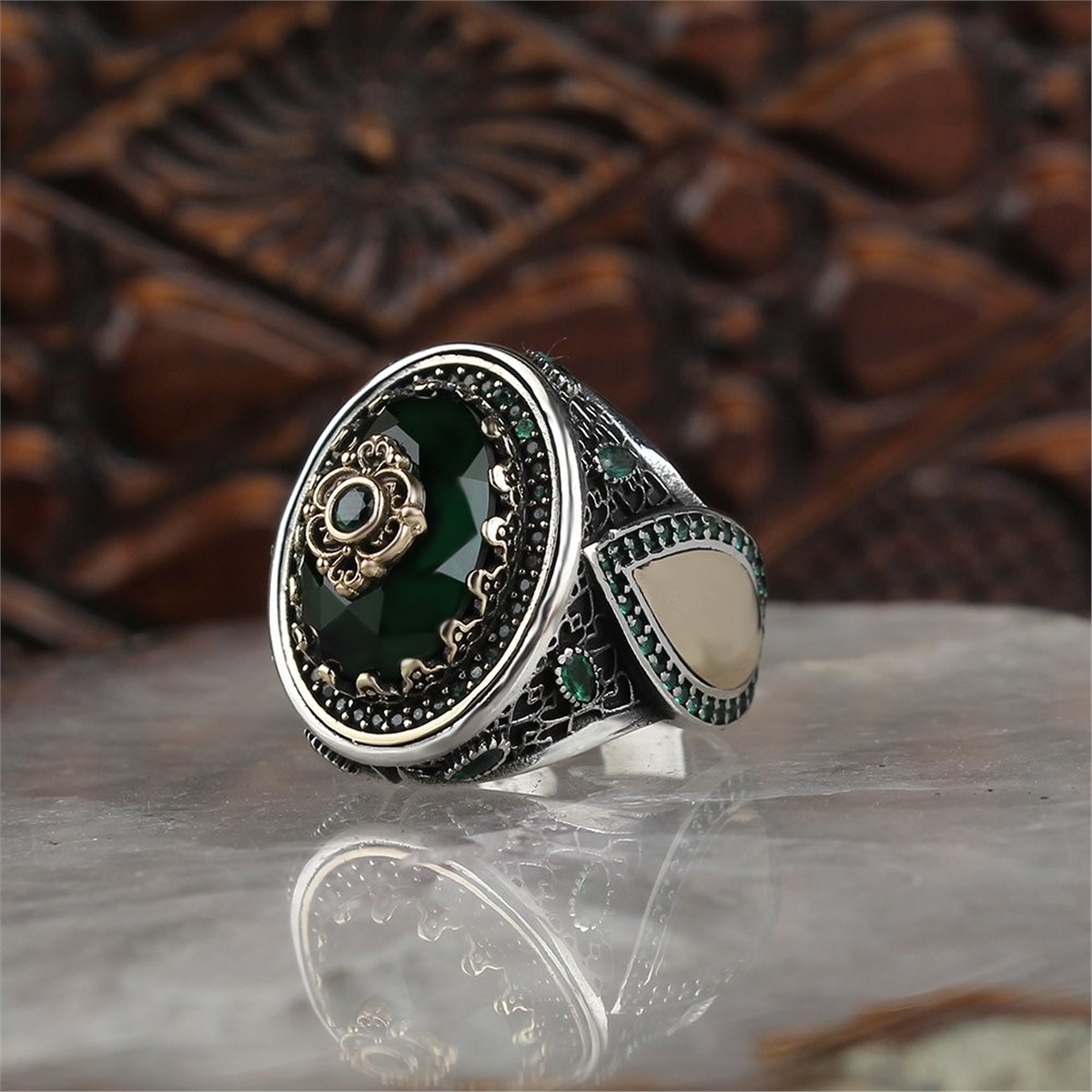 Green Aqua Stone 925 Sterling Silver Men's Ring