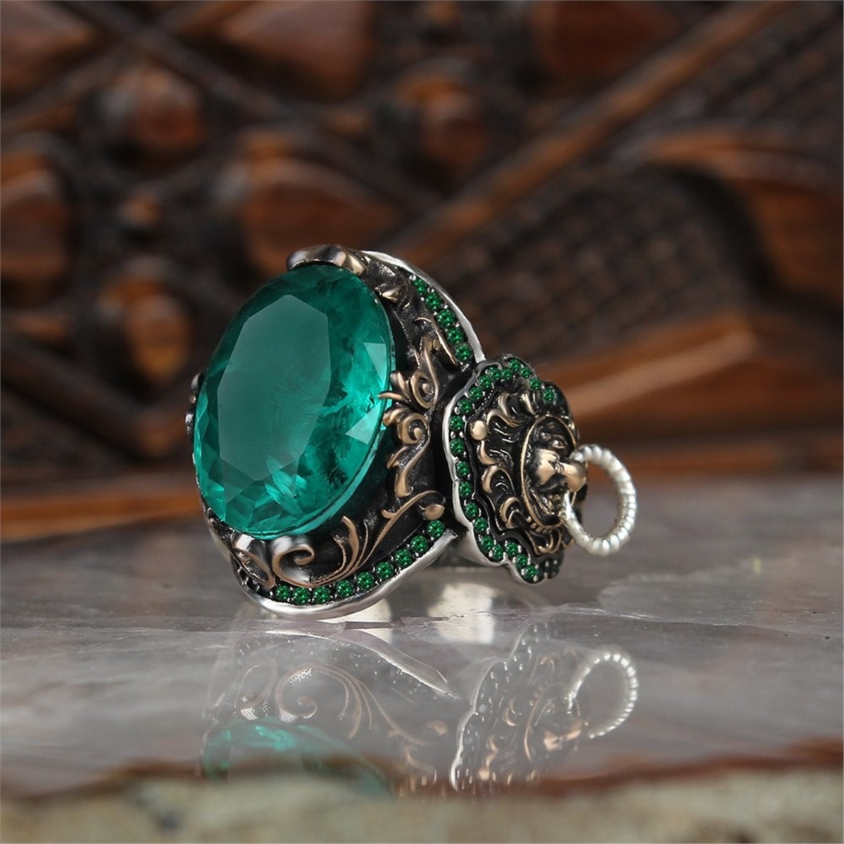 Lion Symbol 925 Sterling Silver Men's Ring with Paraiba Stone