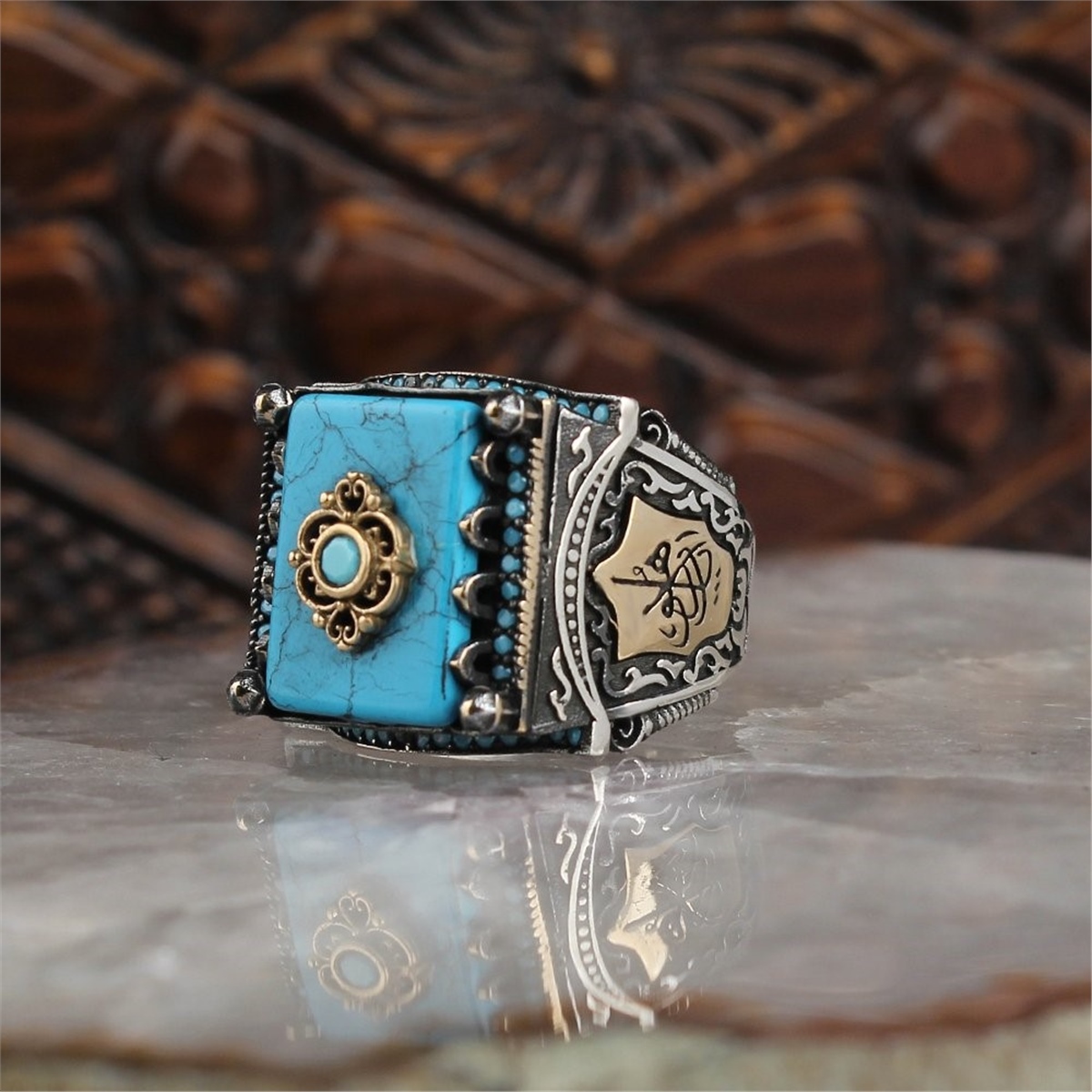 Edep Ya Hu Written Turquoise Stone Sterling Silver Men's Ring