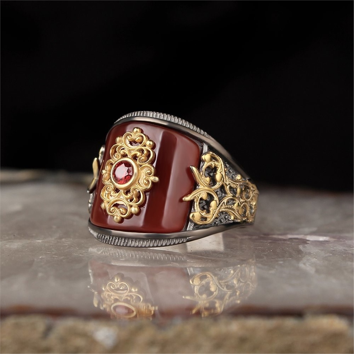 Agate Stone Rode Plated 925 Sterling Silver Men's Ring