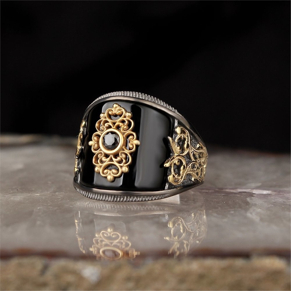 925 Sterling Silver Men's Ring With Onyx Stone, Ecru Plated