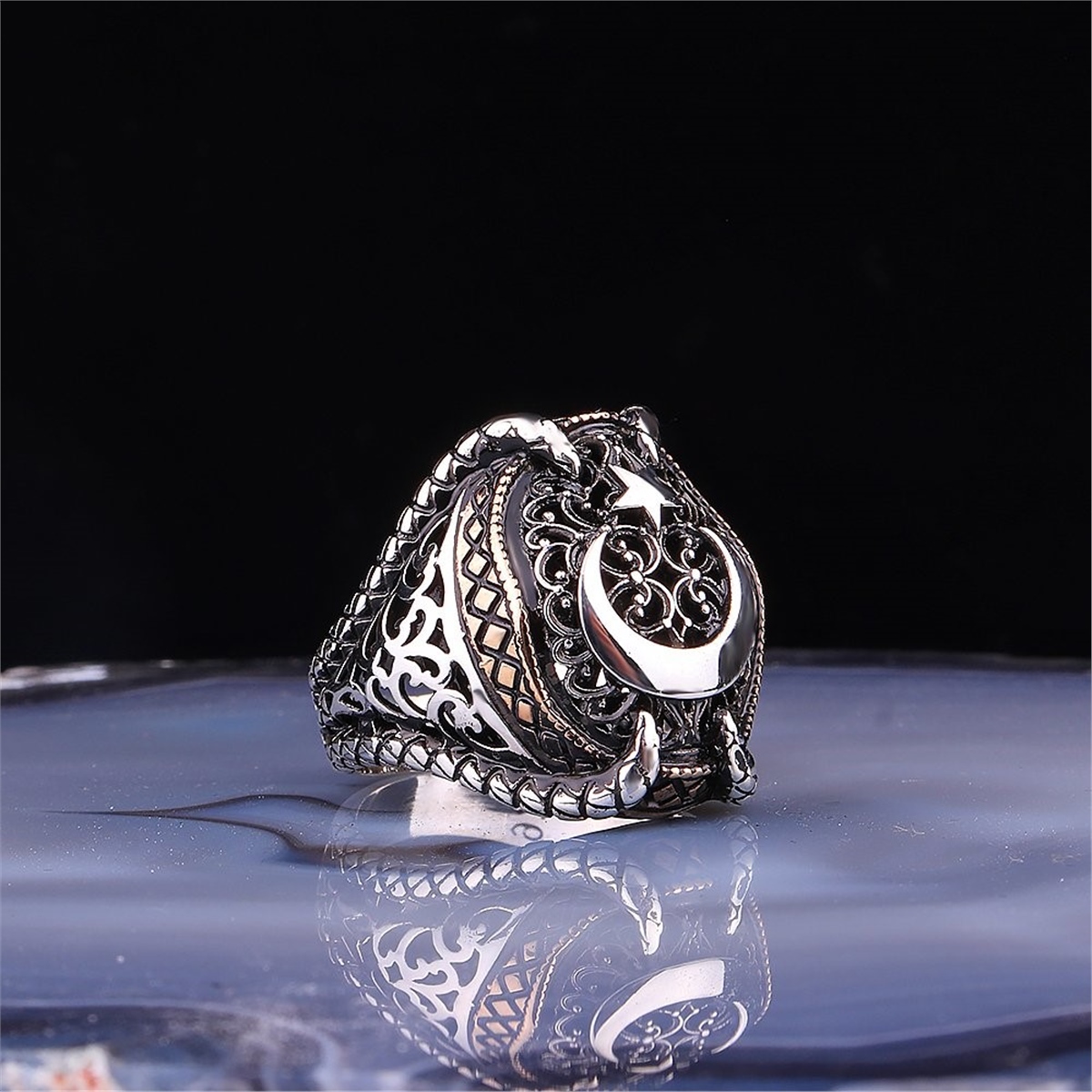 Clawed Crescent and Star Patterned 925 Sterling Silver Men's Ring