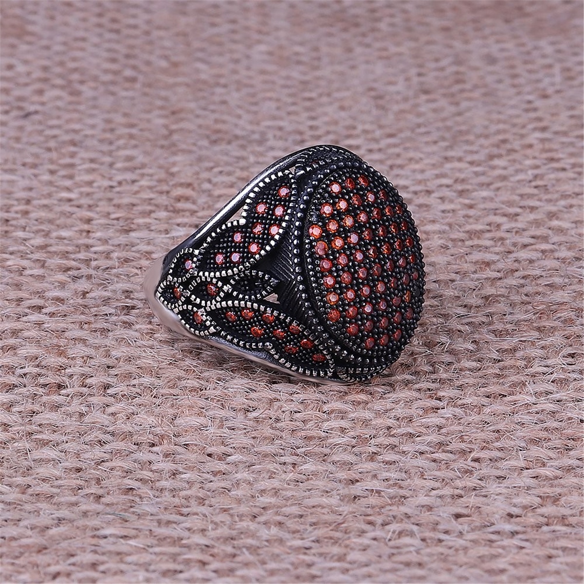 Red Micro Stone Embroidered 925 Sterling Silver Ring