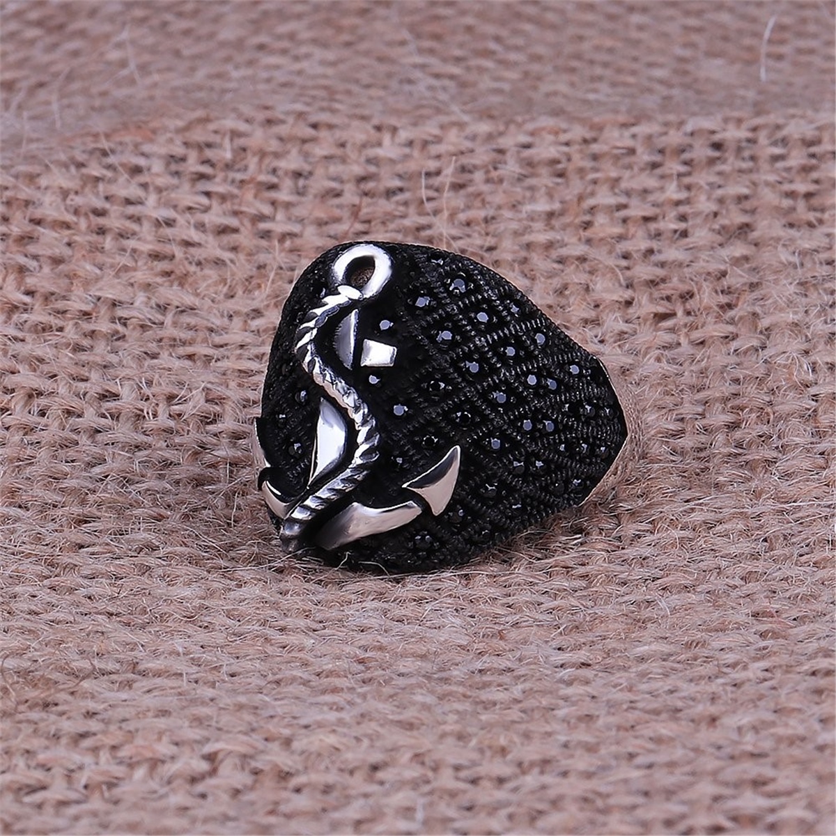 Anchor Model Micro Stone Embroidered 925 Sterling Silver Men's Ring