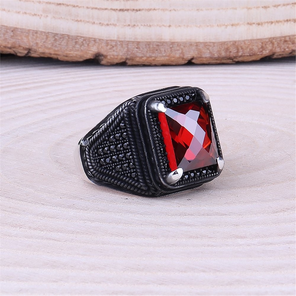 Red Zircon Stone Micro Stone Embroidered 925 Sterling Silver Men's Ring