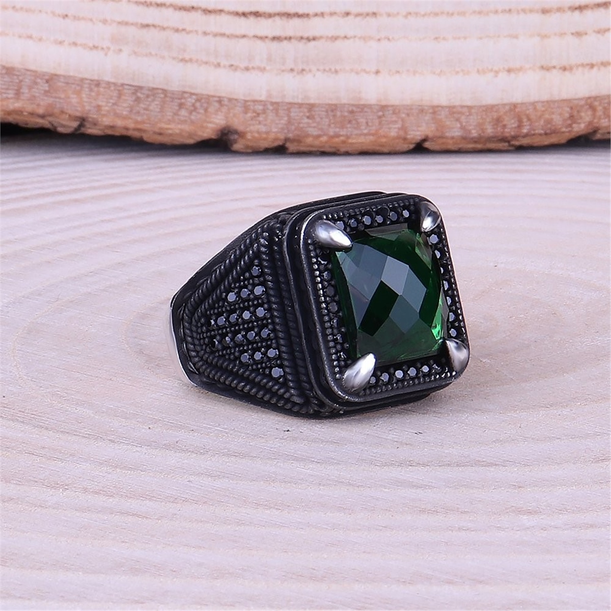 Green Zircon Stone Micro Stone Embroidered 925 Sterling Silver Men's Ring
