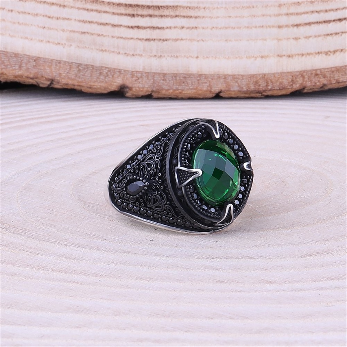 Green Zircon Stone Micro Stone Embroidered 925 Sterling Silver Men's Ring