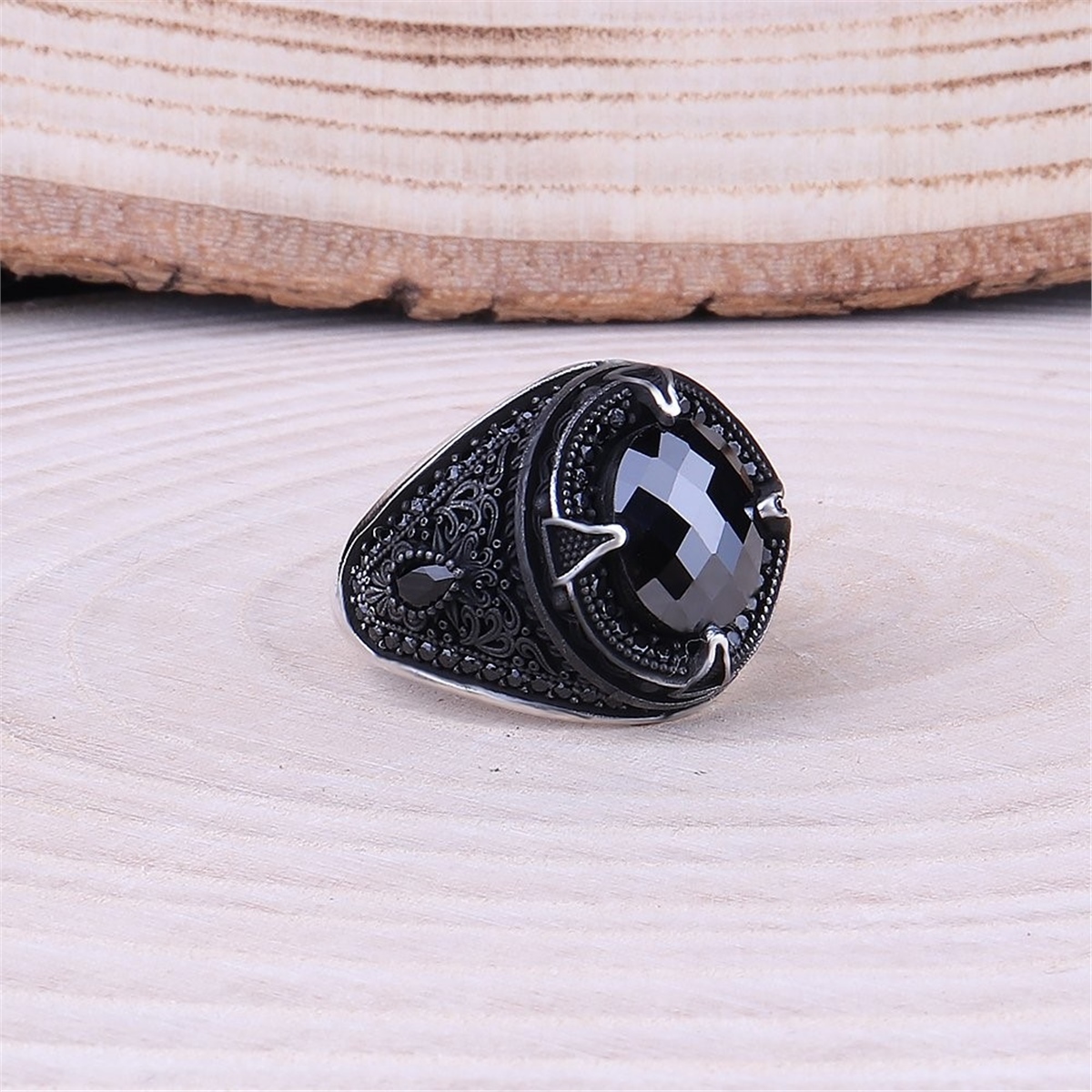 Black Zircon Stone Micro Stone Embroidered 925 Sterling Silver Men's Ring
