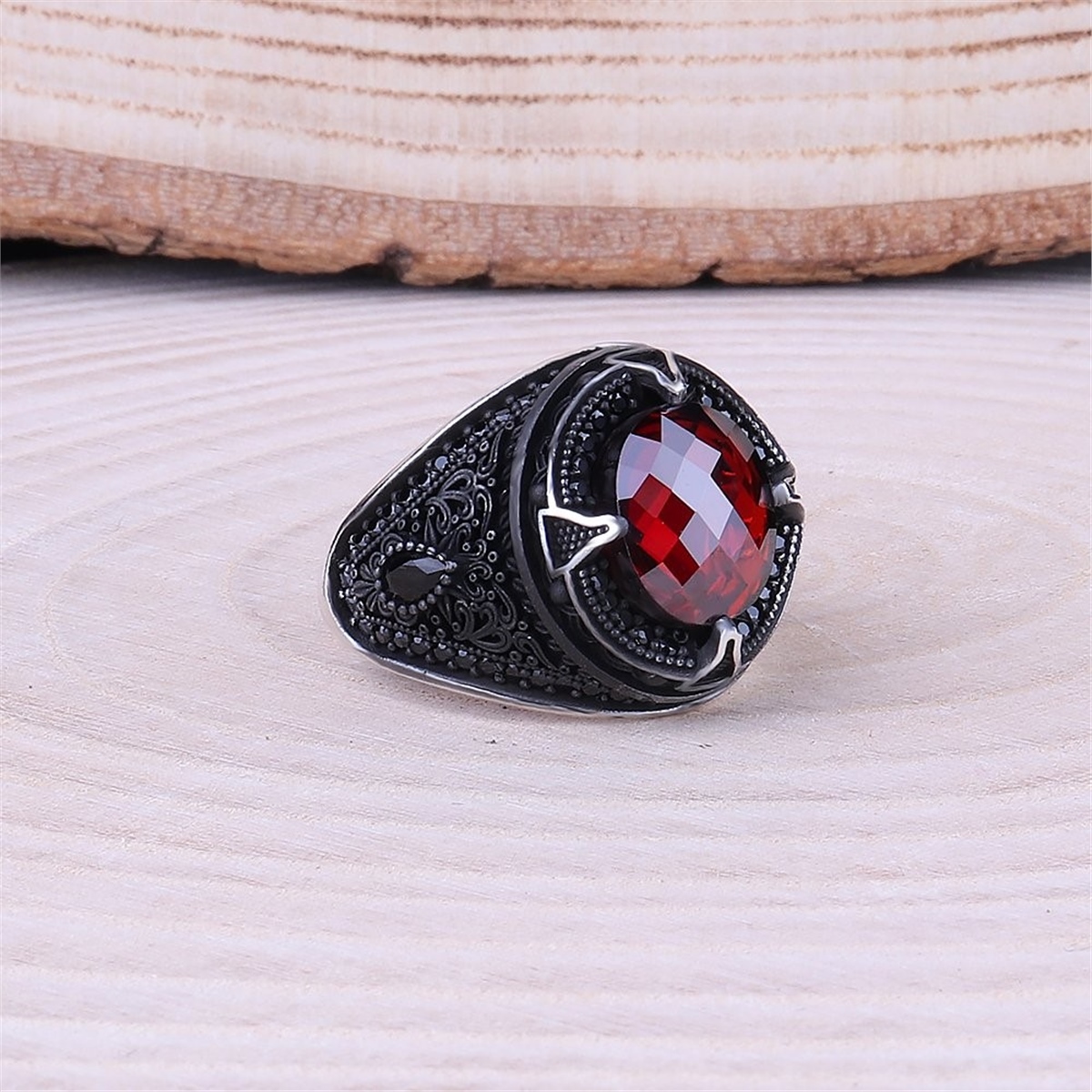 Red Zircon Stone Micro Stone Embroidered 925 Sterling Silver Men's Ring