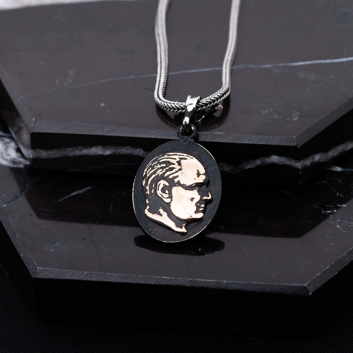 Silver Dimmed Atatürk Portrait Men's Necklace