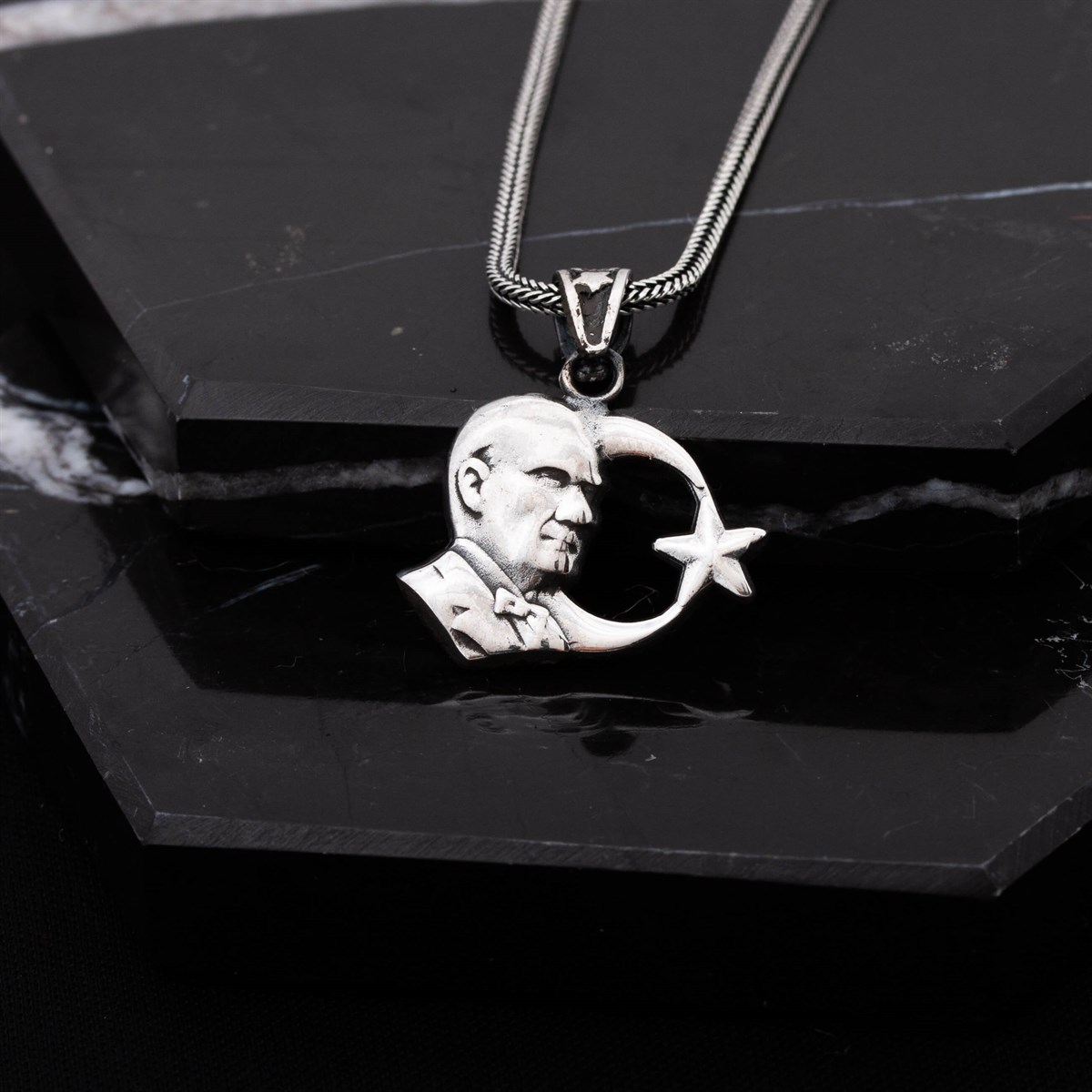 Silver Ataturk Portrait Ayyıldız Men's Necklace