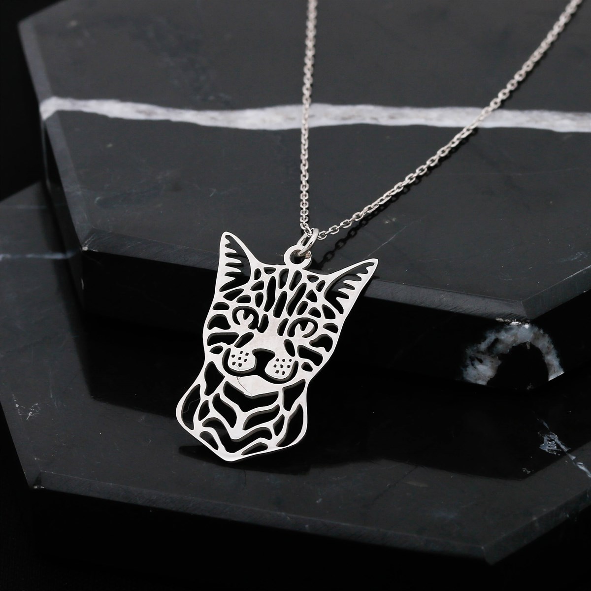 Rhodiumed Unisex Silver Cat Necklace