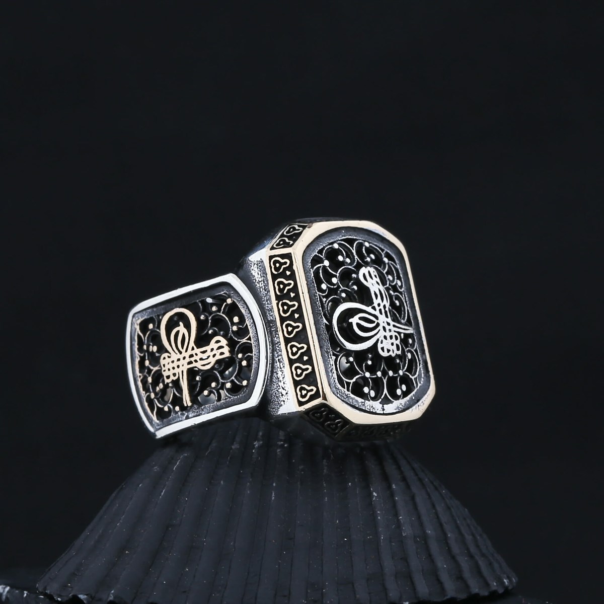 Blackout Tugra Motif Embroidered Sterling Silver Men's Ring