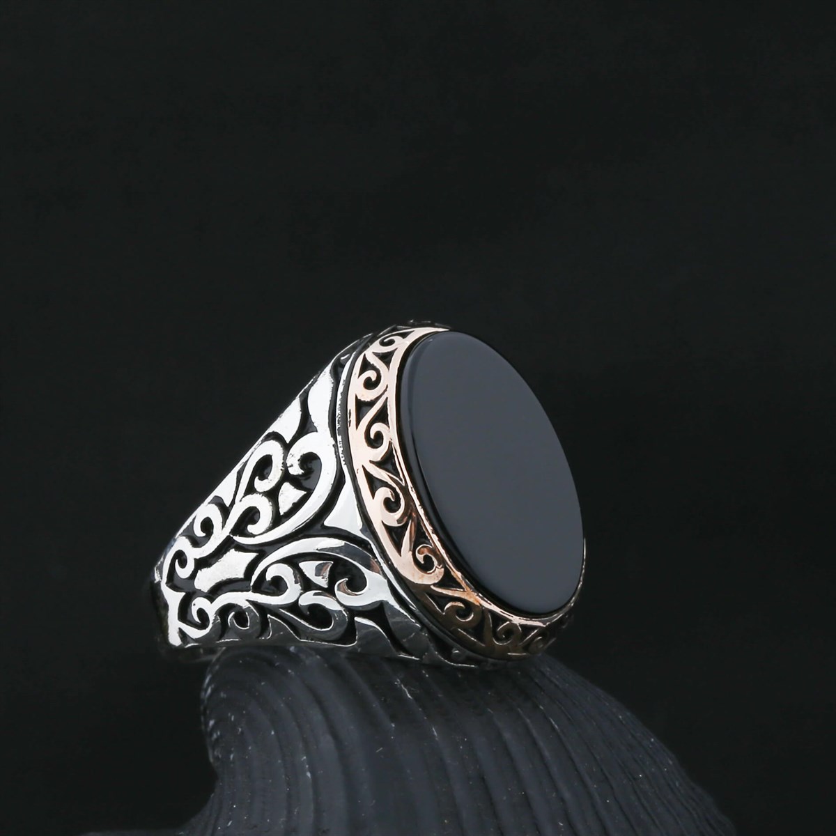 Onyx Stone Embroidered Sterling Silver Men's Ring