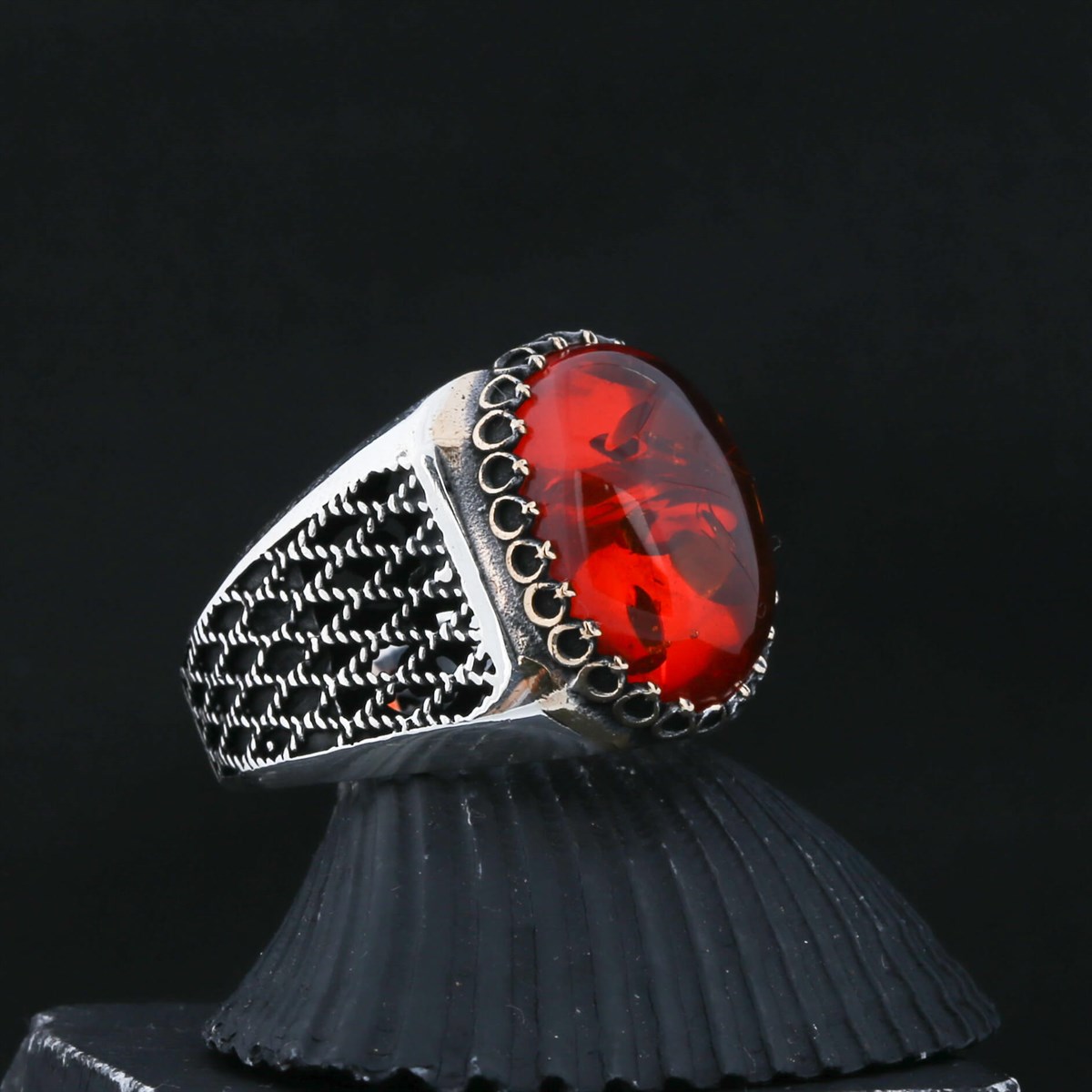 Red Stone Blackened Sterling Silver Men's Ring