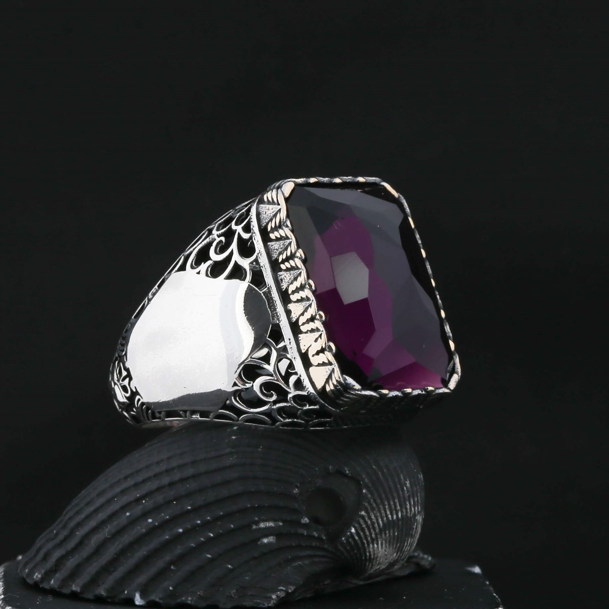 Purple Facet Stone Motif Sterling Silver Men's Ring