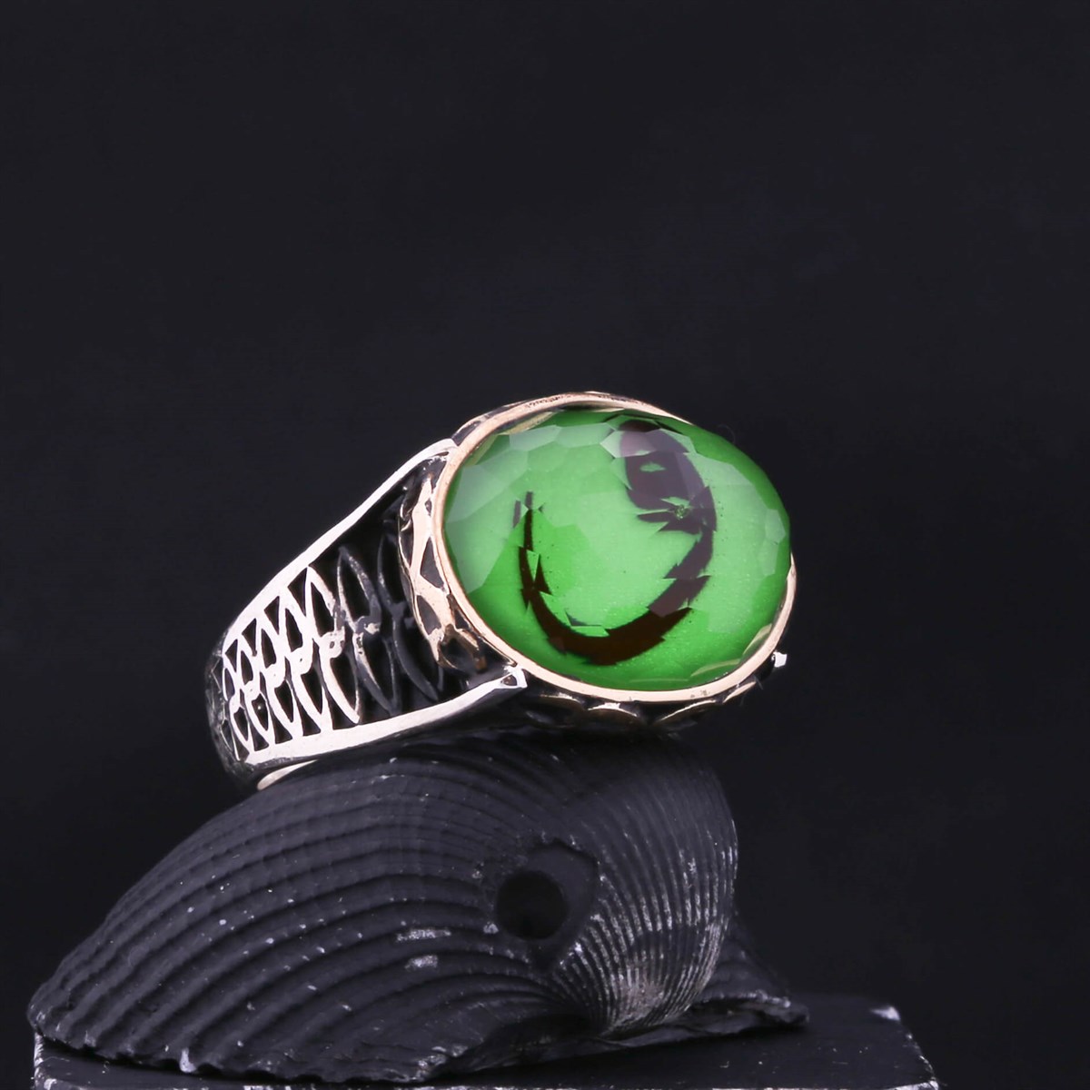 Green Stone Tugra Silver Men's Ring