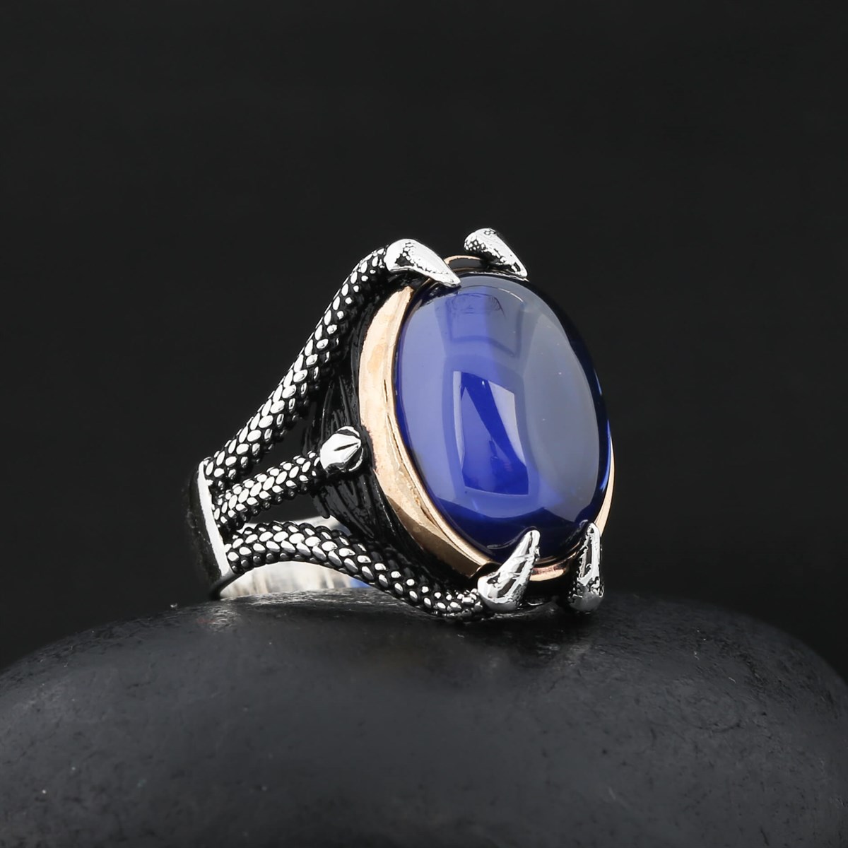 Navy Blue Hooded Stone Claw Sterling Silver Men's Ring