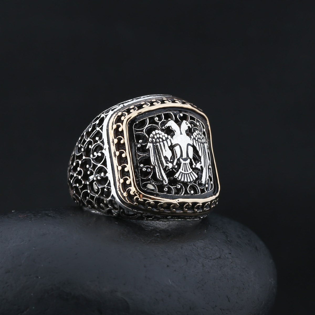 Double Headed Eagle Inlaid Sterling Silver Men's Ring
