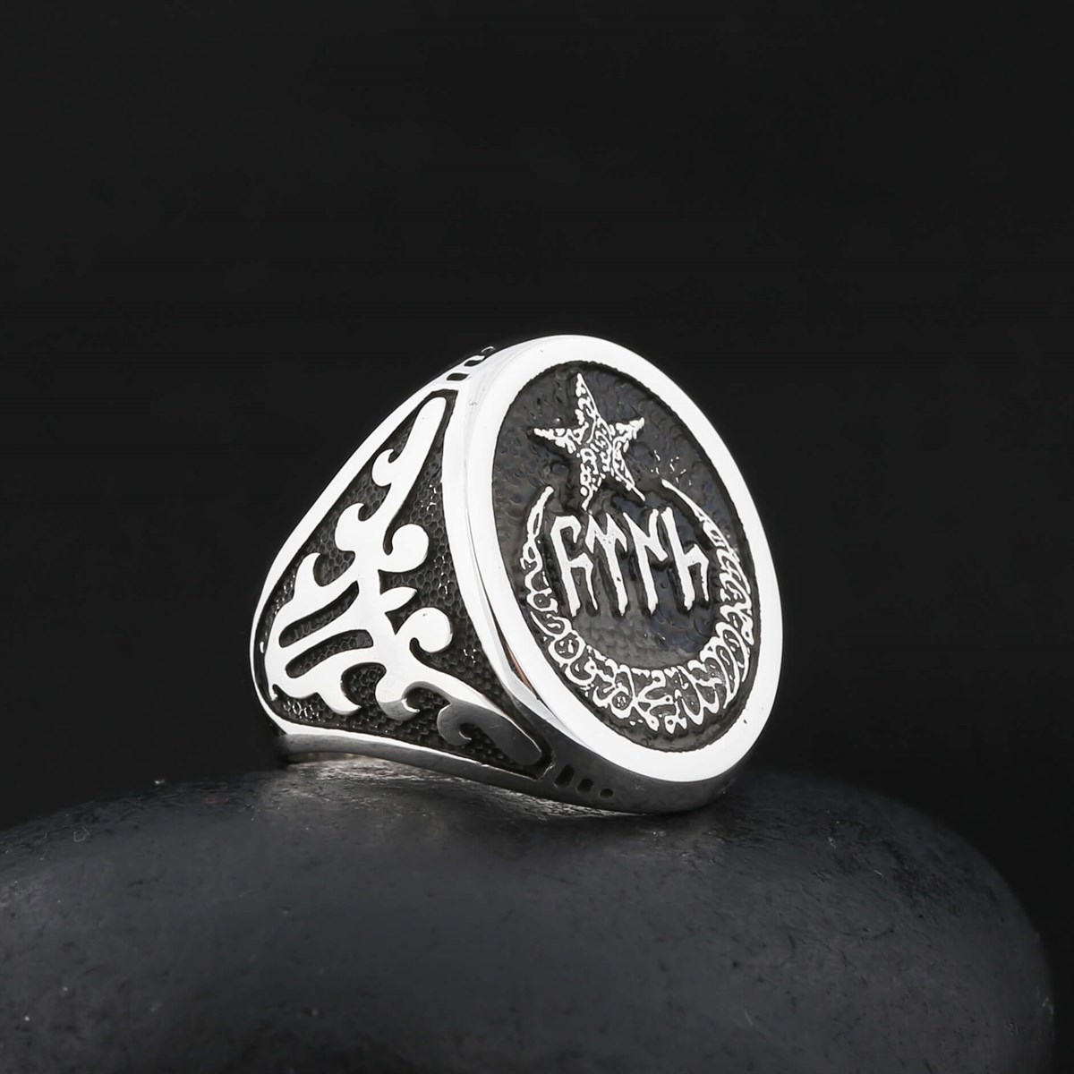 Göktürk Turkish Written Oval Ayyıldız Sterling Silver Men's Ring