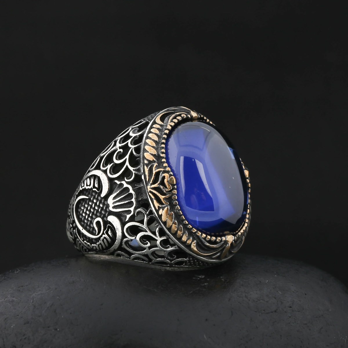 Navy Blue Stone Tugra Motif Sterling Silver Men's Ring