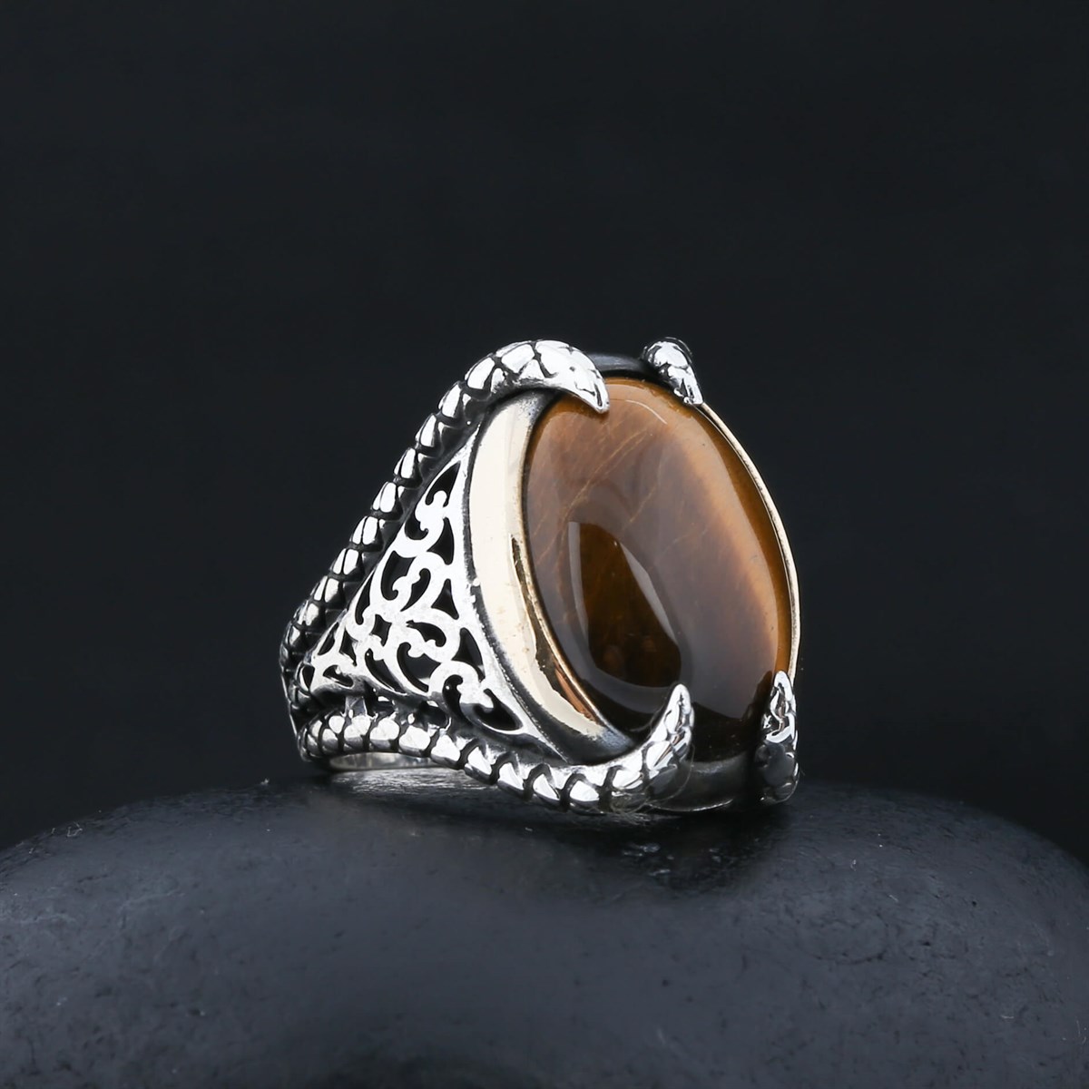 Tiger Eye Stone Clawed Silver Men's Ring