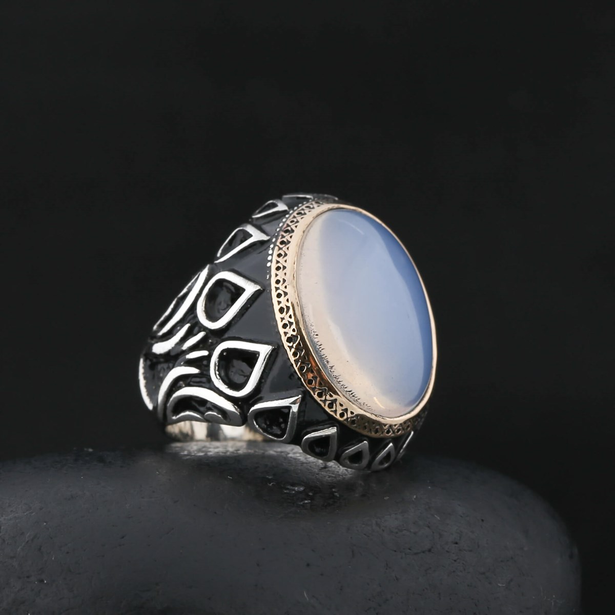 Moonstone Drop Pattern Sterling Silver Men's Ring