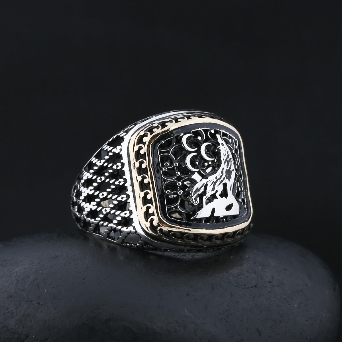 Three Crescent And Wolf Motif Sterling Silver Men's Ring