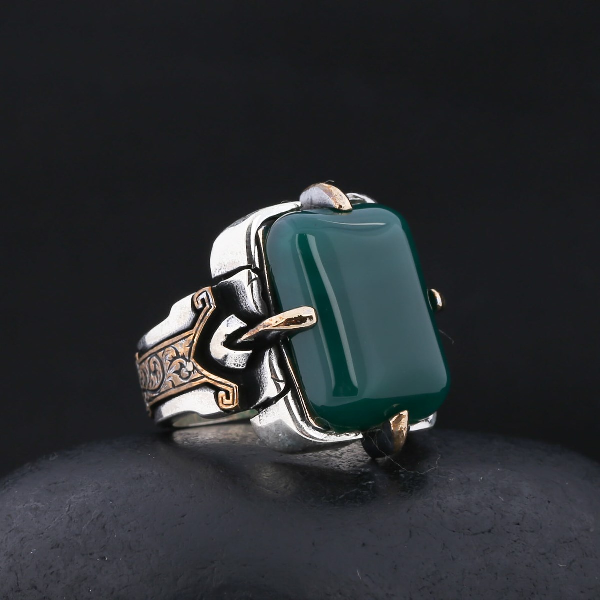 Green Agate Stone Blackened Sterling Silver Men's Ring