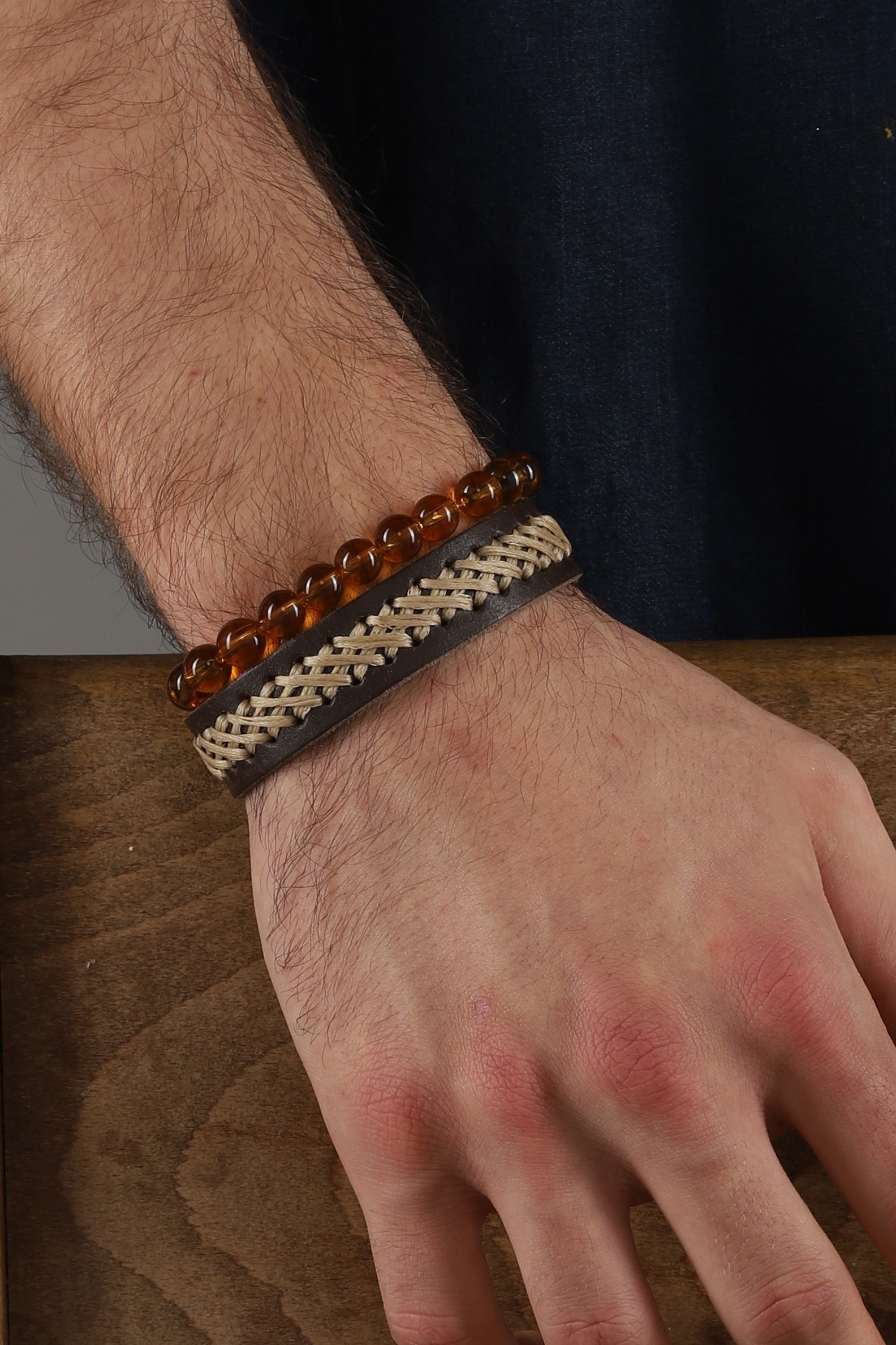 HAND MADE  DOUBLE BROWN  LEATHER&GLASS BEADS BRACELET SET