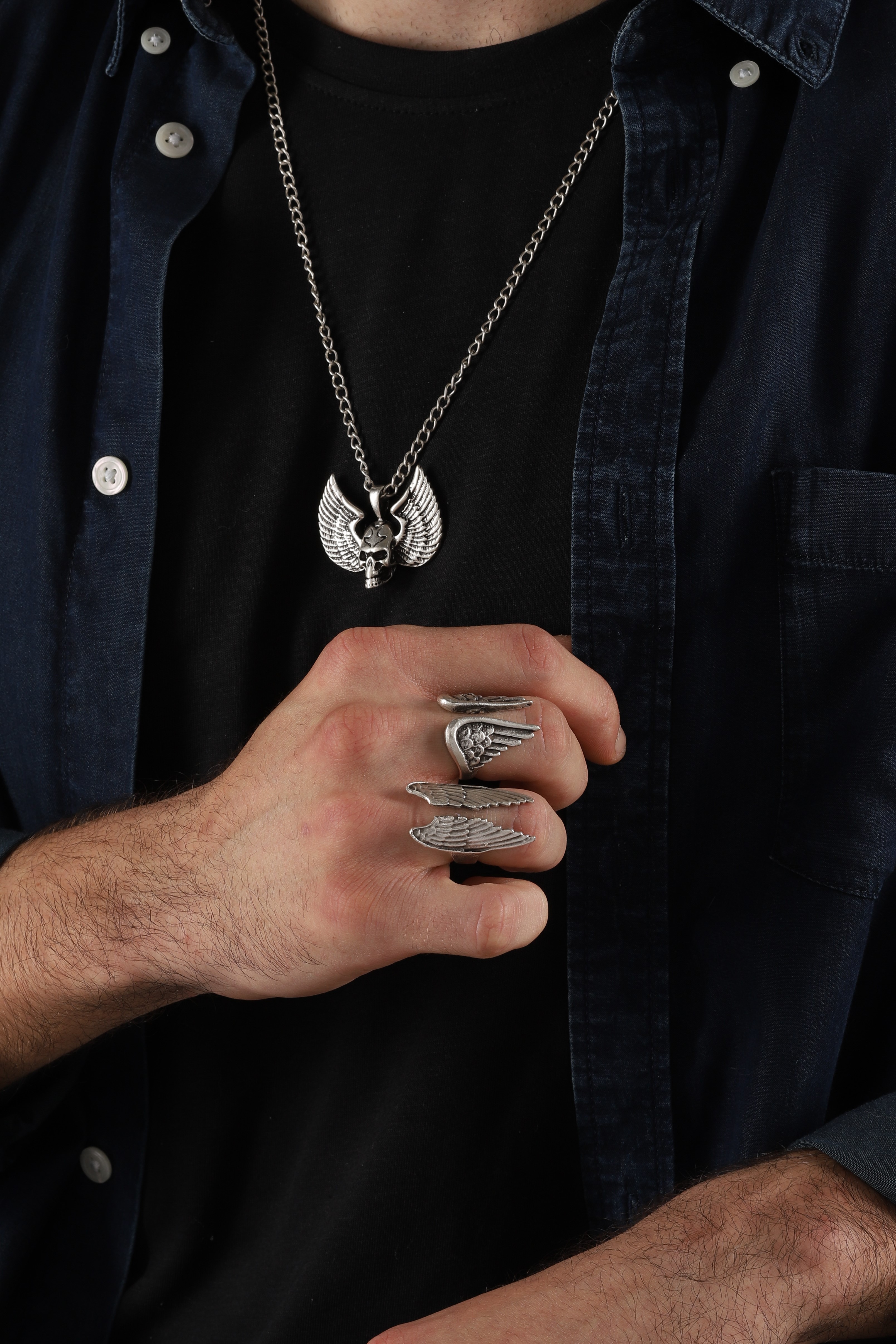 SILVER PLATED  NECKLACE & WINGS RING SET