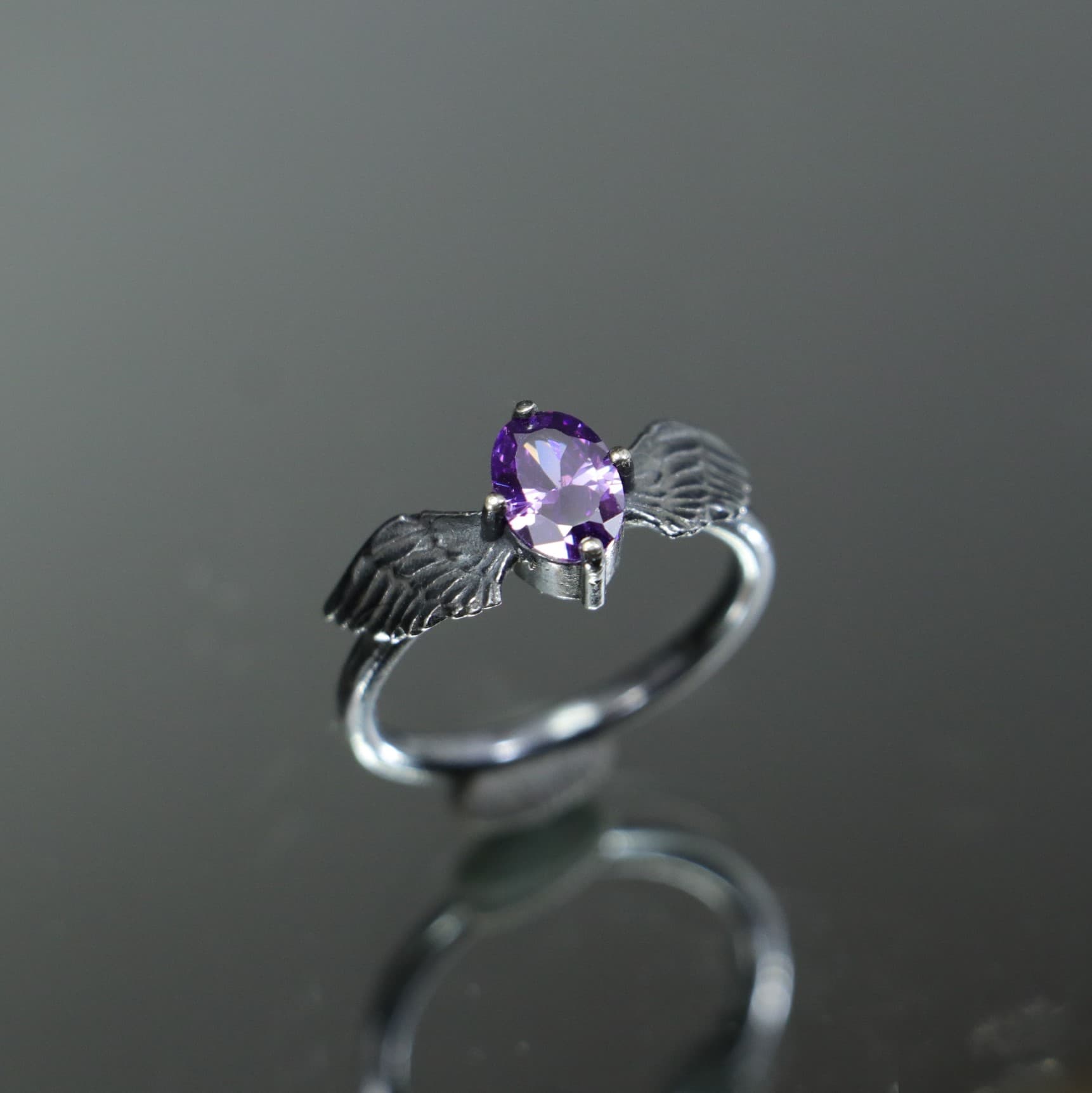 Amethyst Wing Gothic Black 925 Sterling Silver Ring