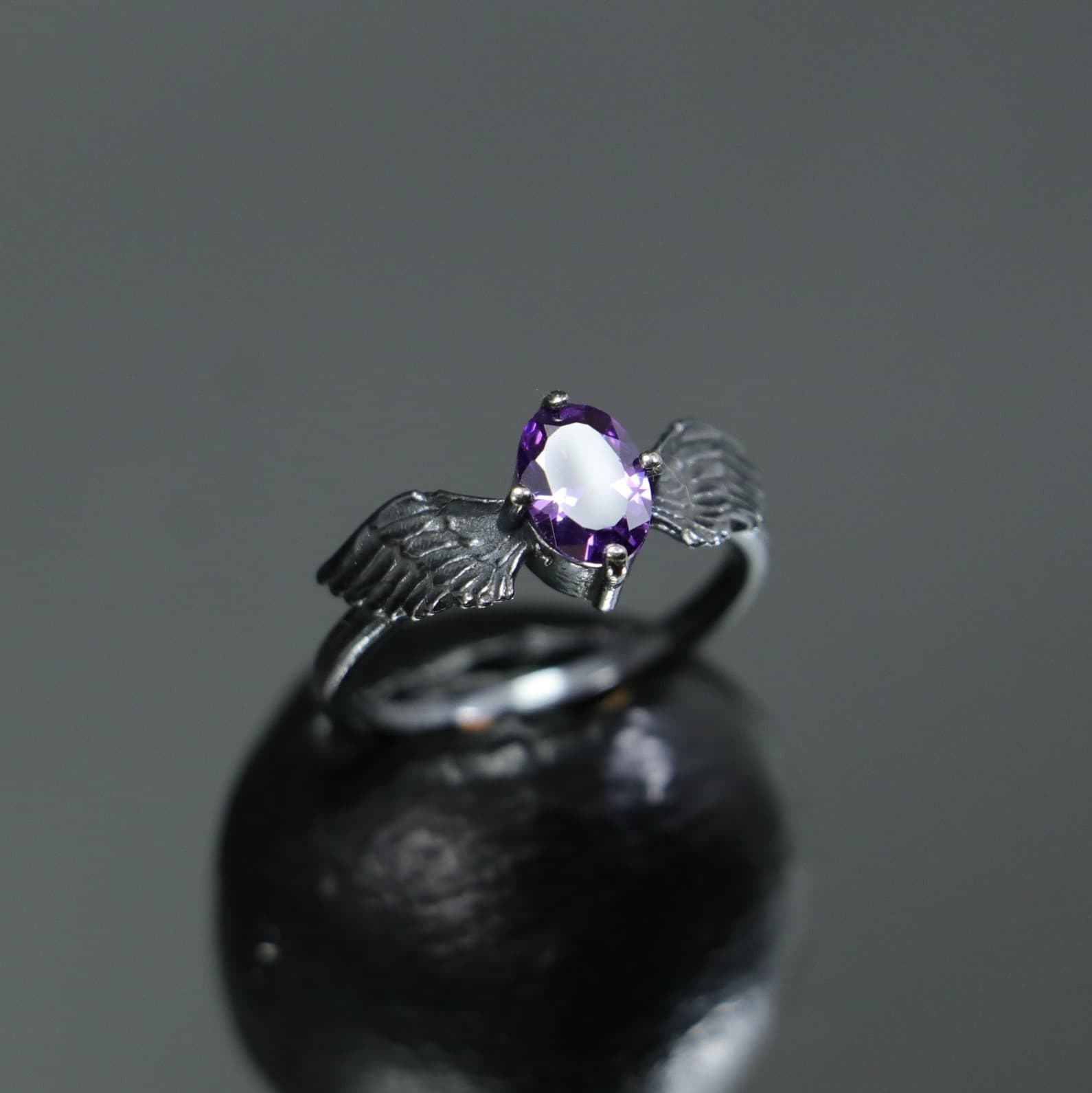 Amethyst Wing Gothic Black 925 Sterling Silver Ring