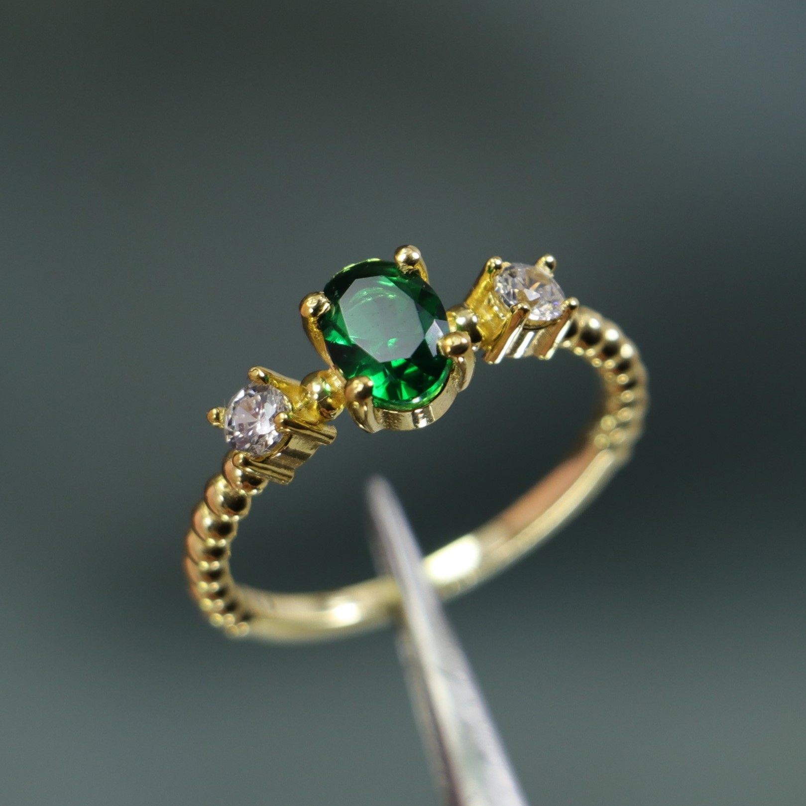 Gold Plated 925 Silver Lab. Emerald and Swarovski Ring
