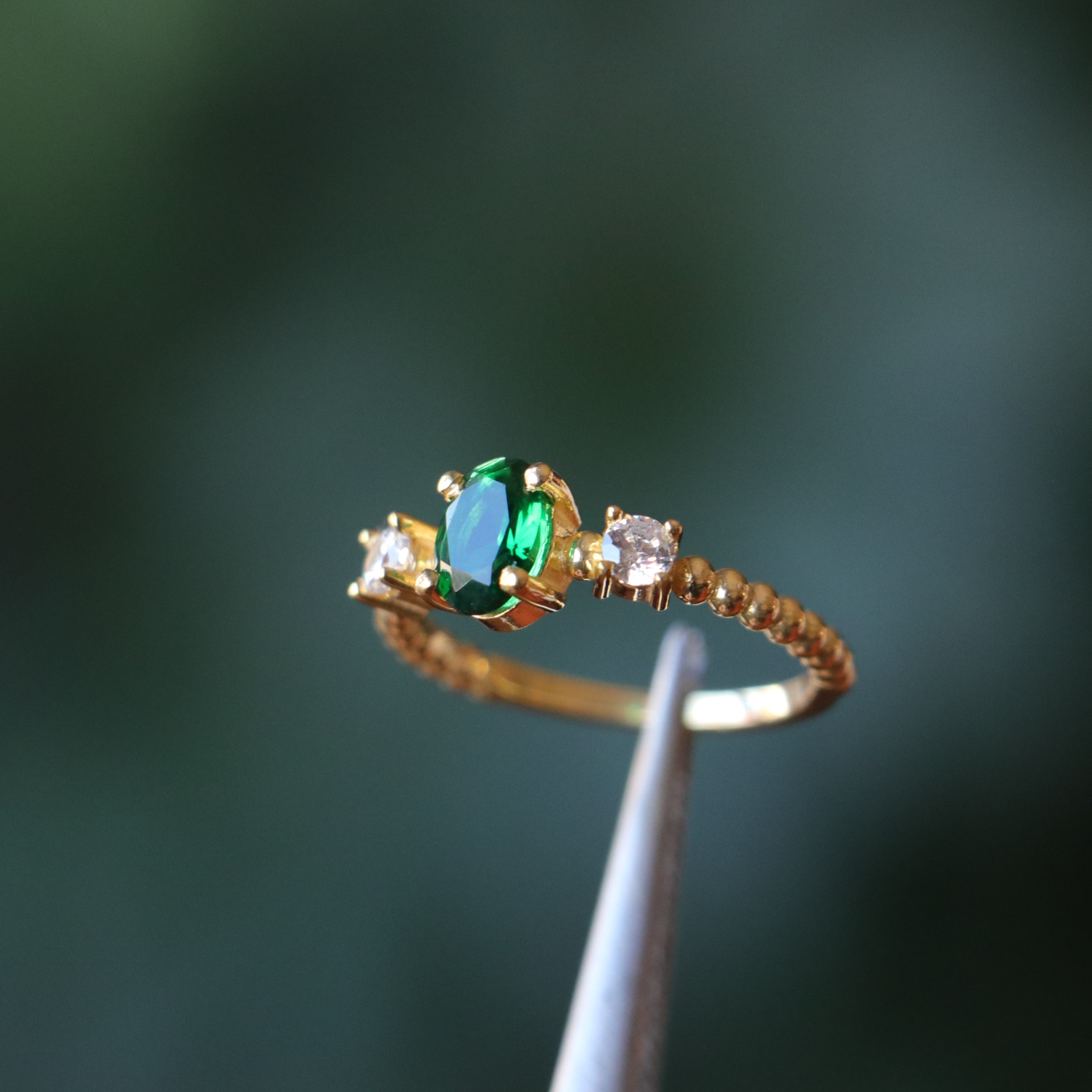 Gold Plated 925 Silver Lab. Emerald and Swarovski Ring
