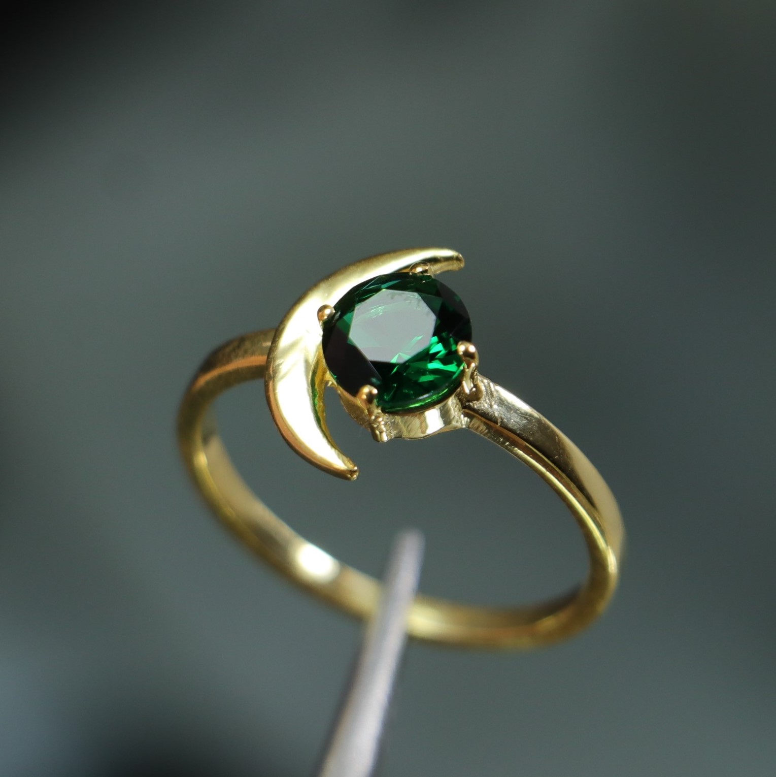 Crescent Moon Lab. Emerald 925 Sterling Silver Gold Plated Ring