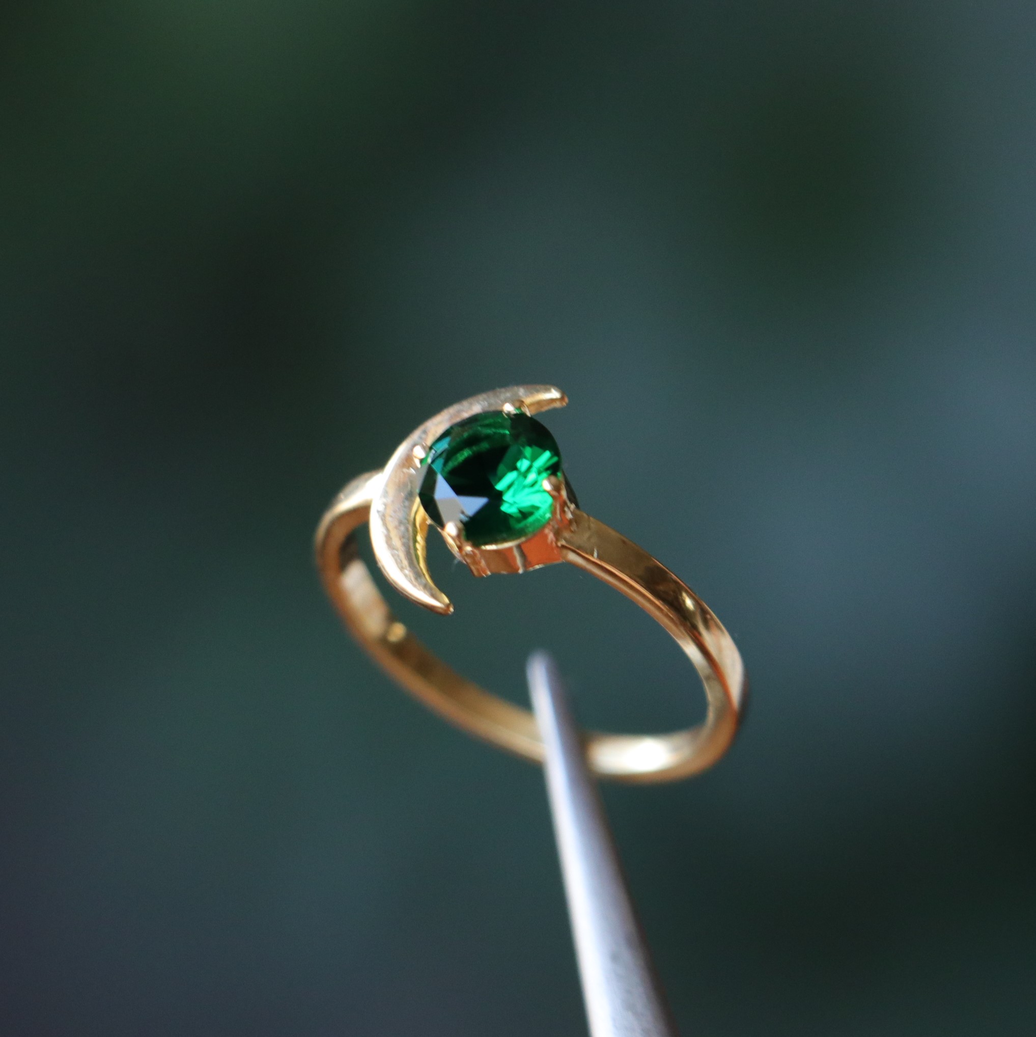 Crescent Moon Lab. Emerald 925 Sterling Silver Gold Plated Ring