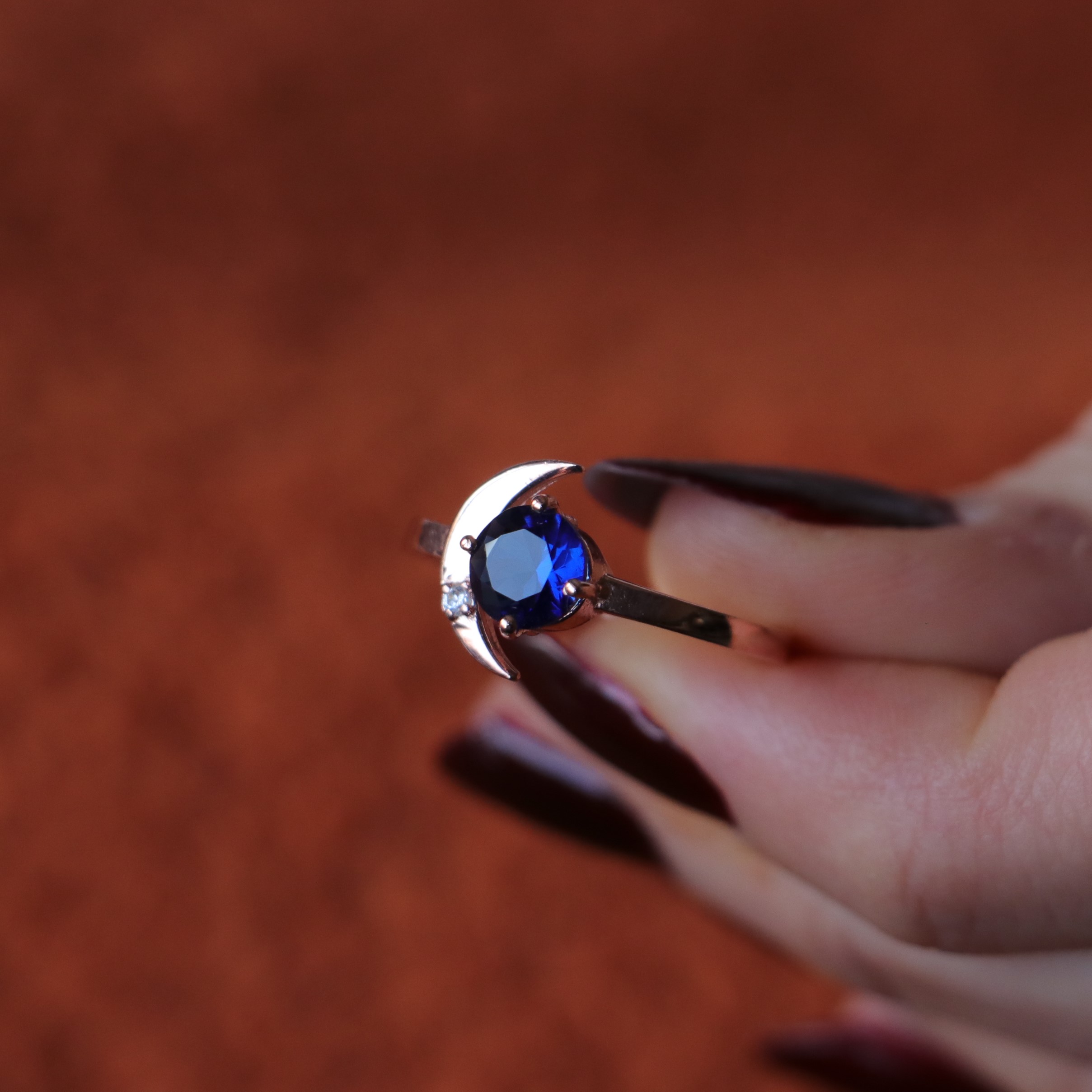 Crescent Moon Lab. Sapphire 925 Sterling Silver Rose Gold Plated Ring