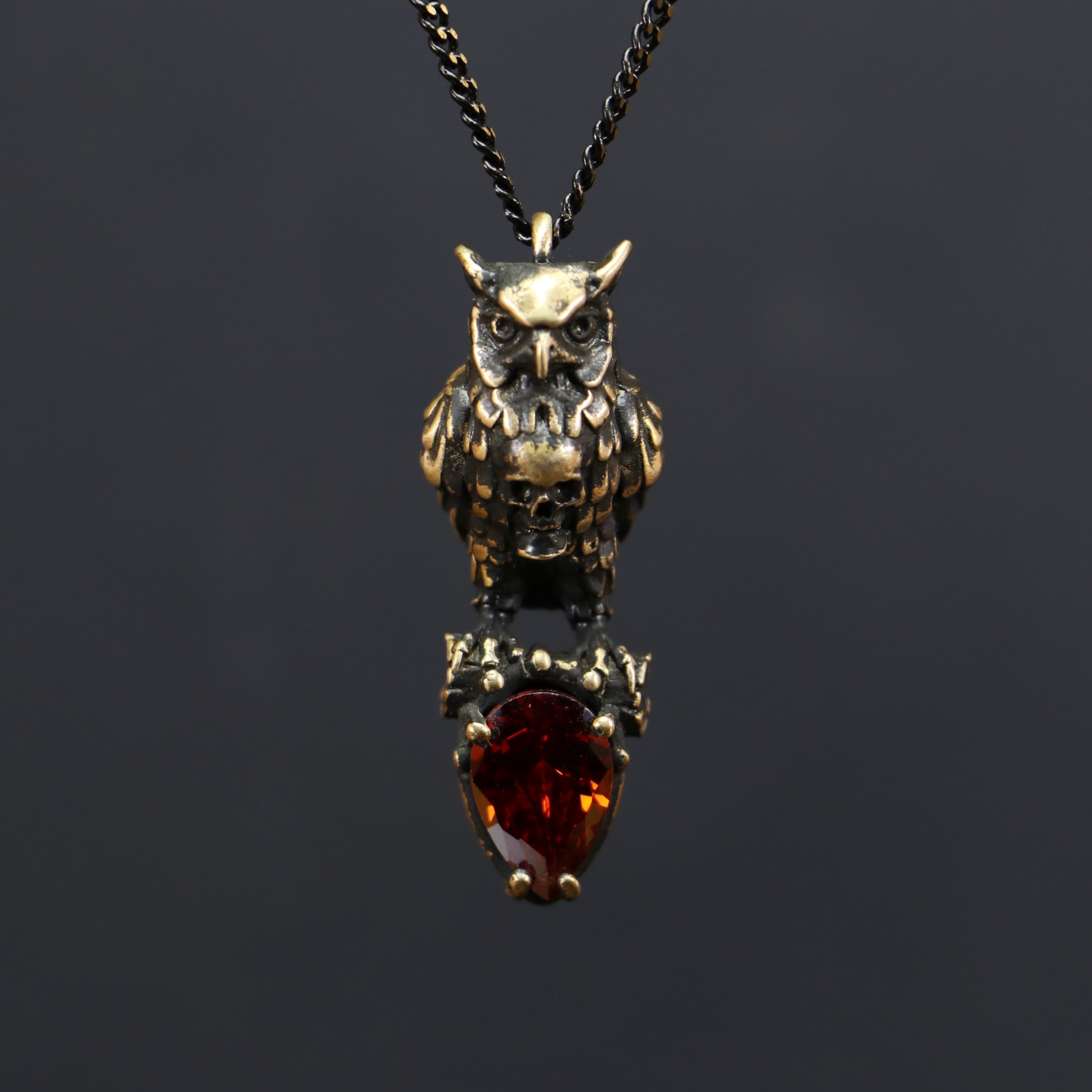 Owl and Skull Handmade Garnet Necklace