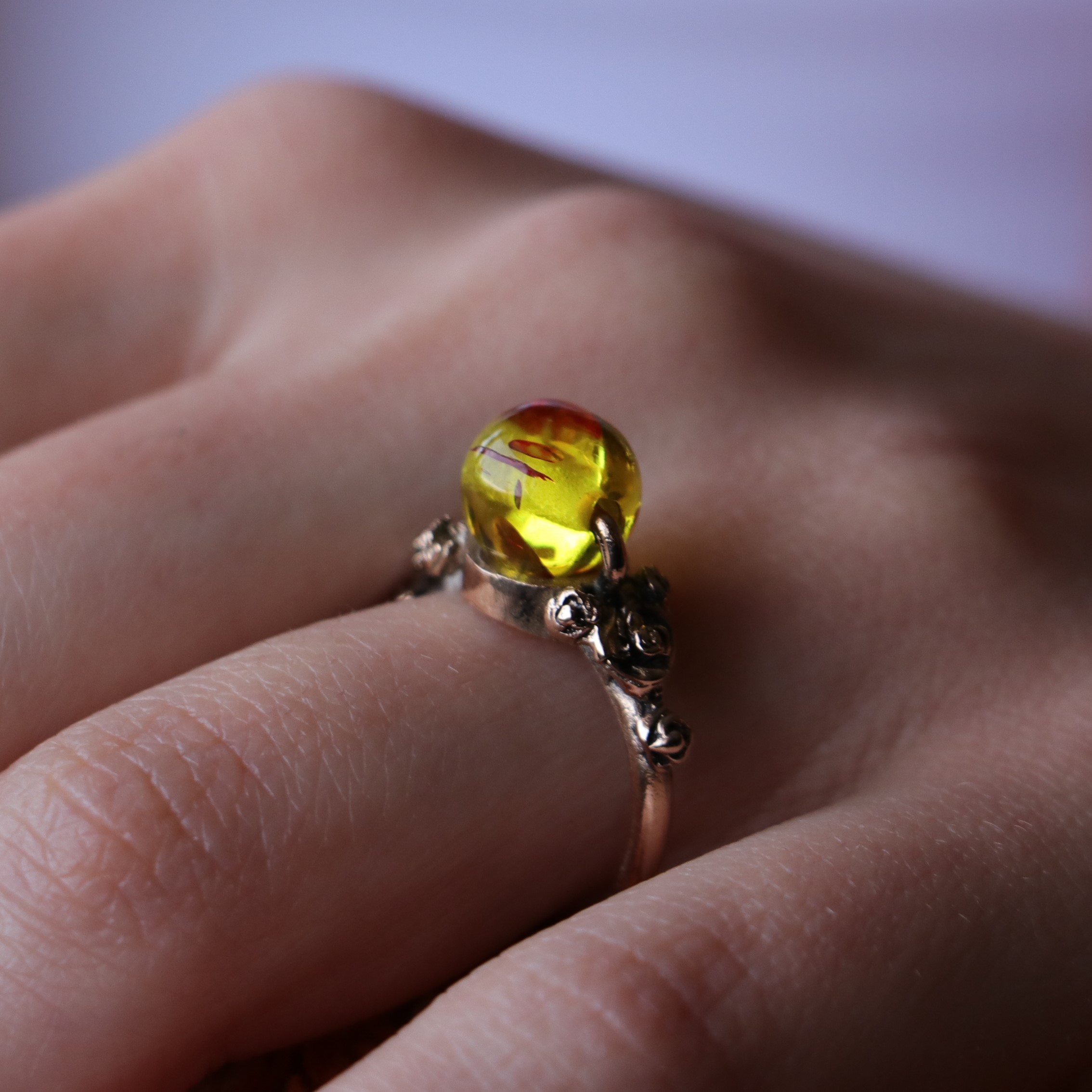 Flower Patterned Amber Ring