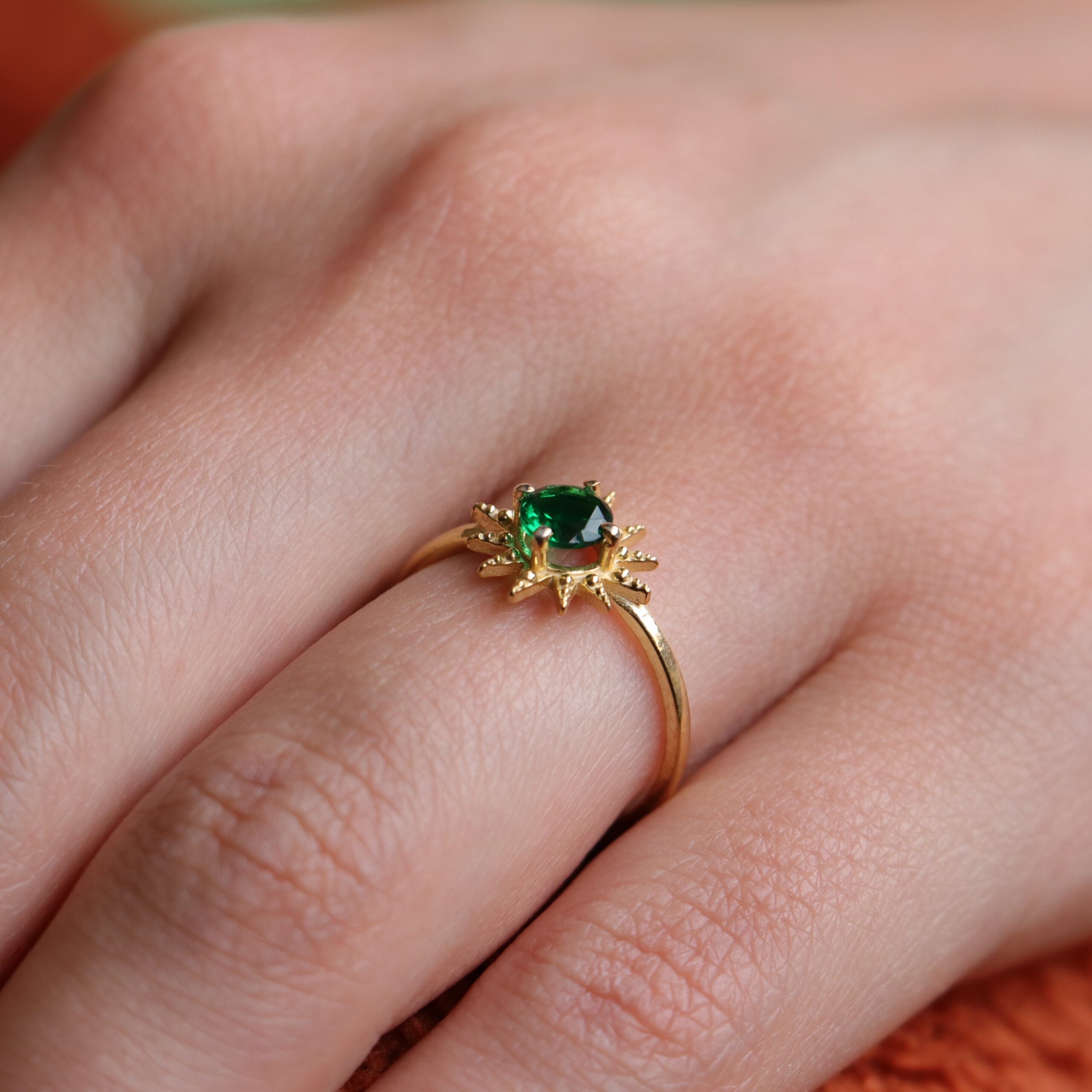Star 925 Silver Lab. Emerald Gold Plated Ring